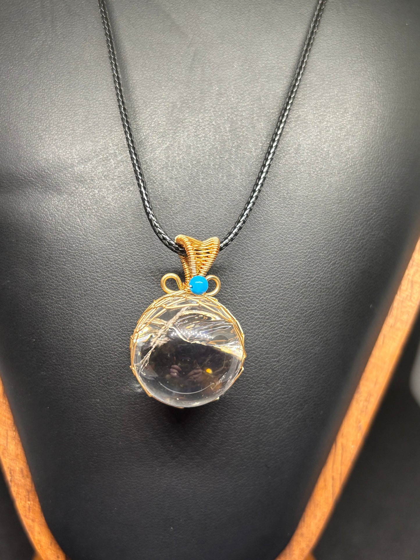 Clear Quartz Sphere Pendant - Gold Wrapped Crystal Ball with Turquoise Bead
