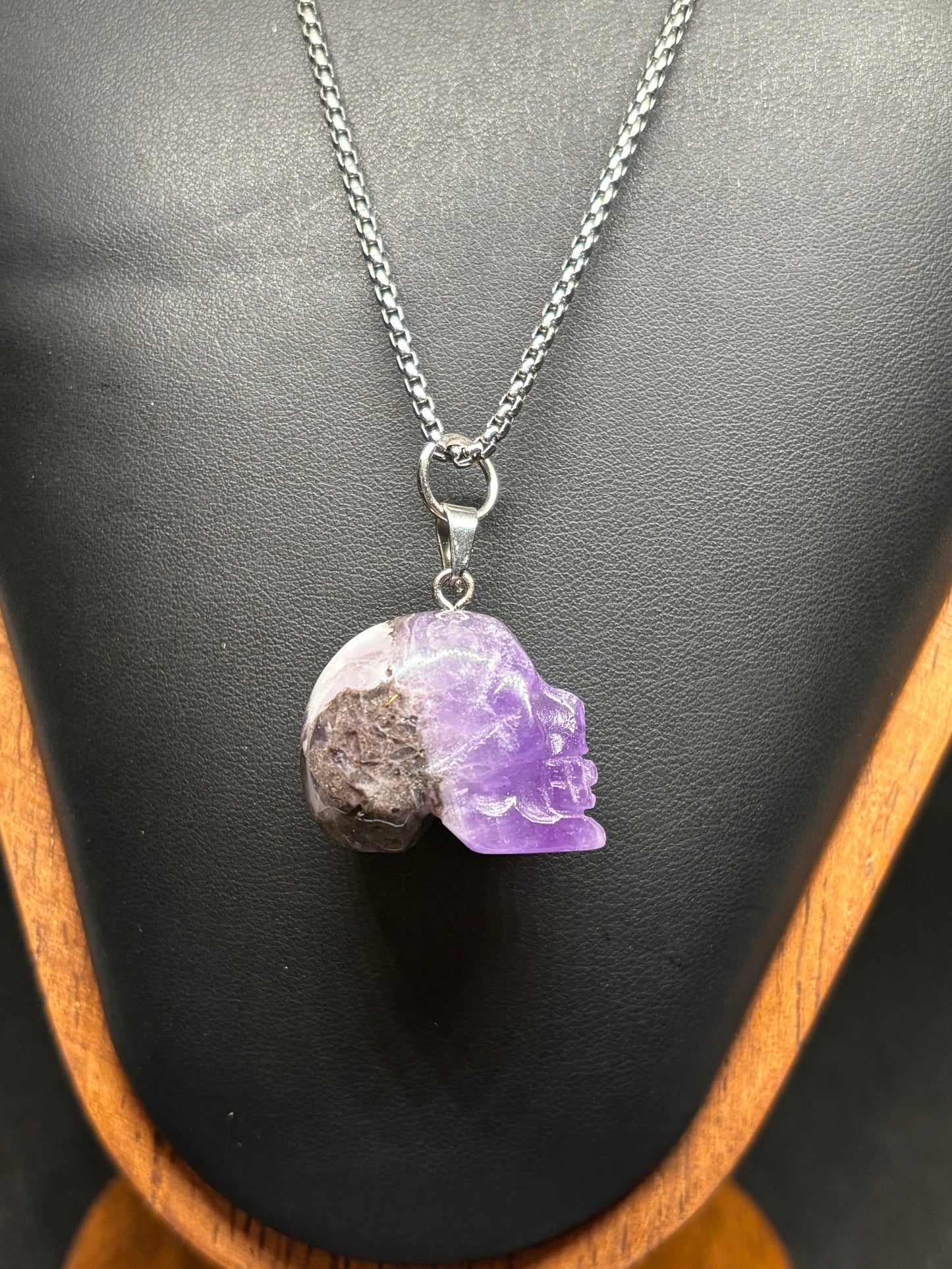 Dream Amethyst Skull Pendant - Natural Carved Crystal with 20" Chain