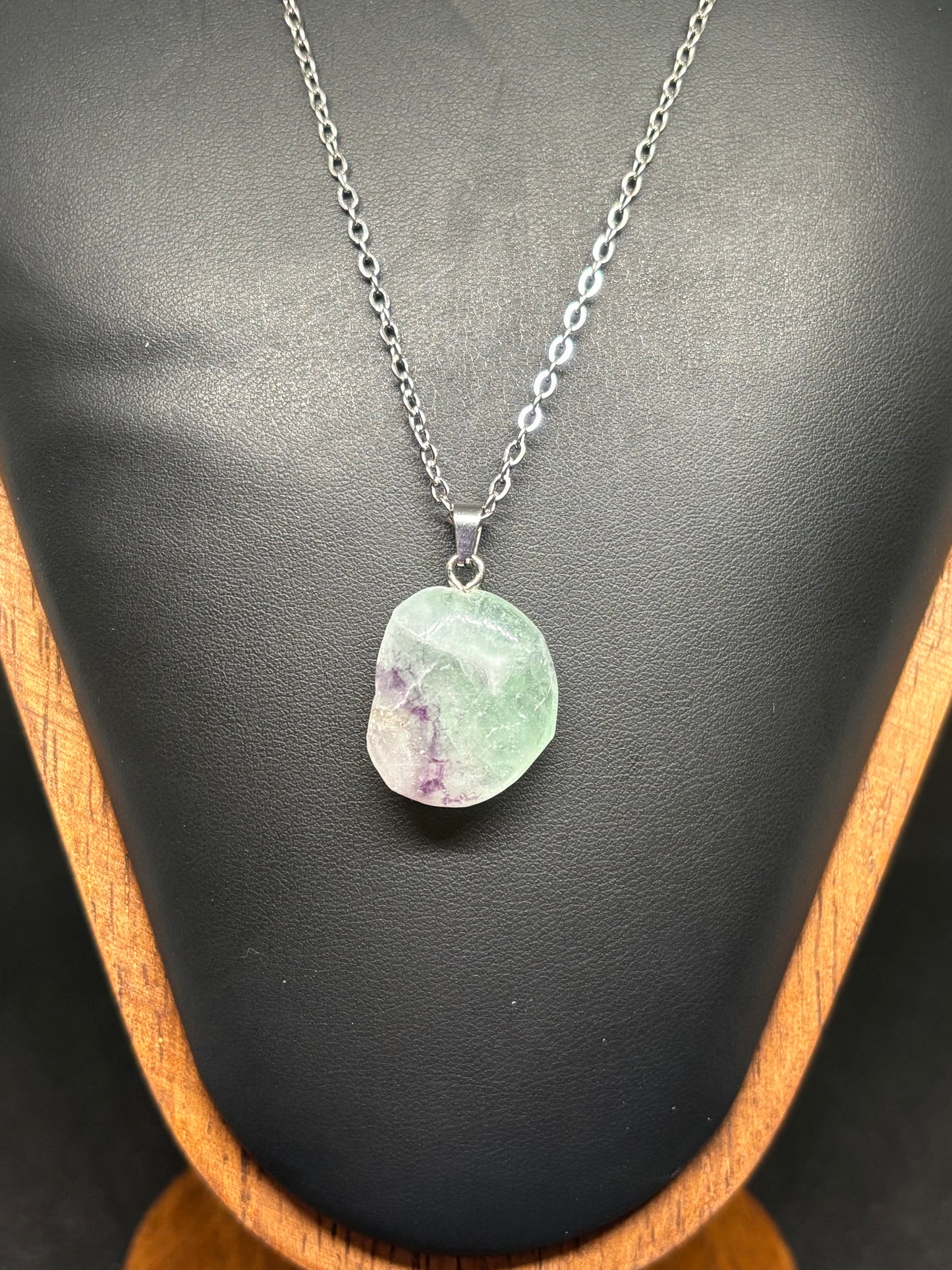 Fluorite Tumble Pendant Necklace - 1" Natural Crystal with Steel Chain