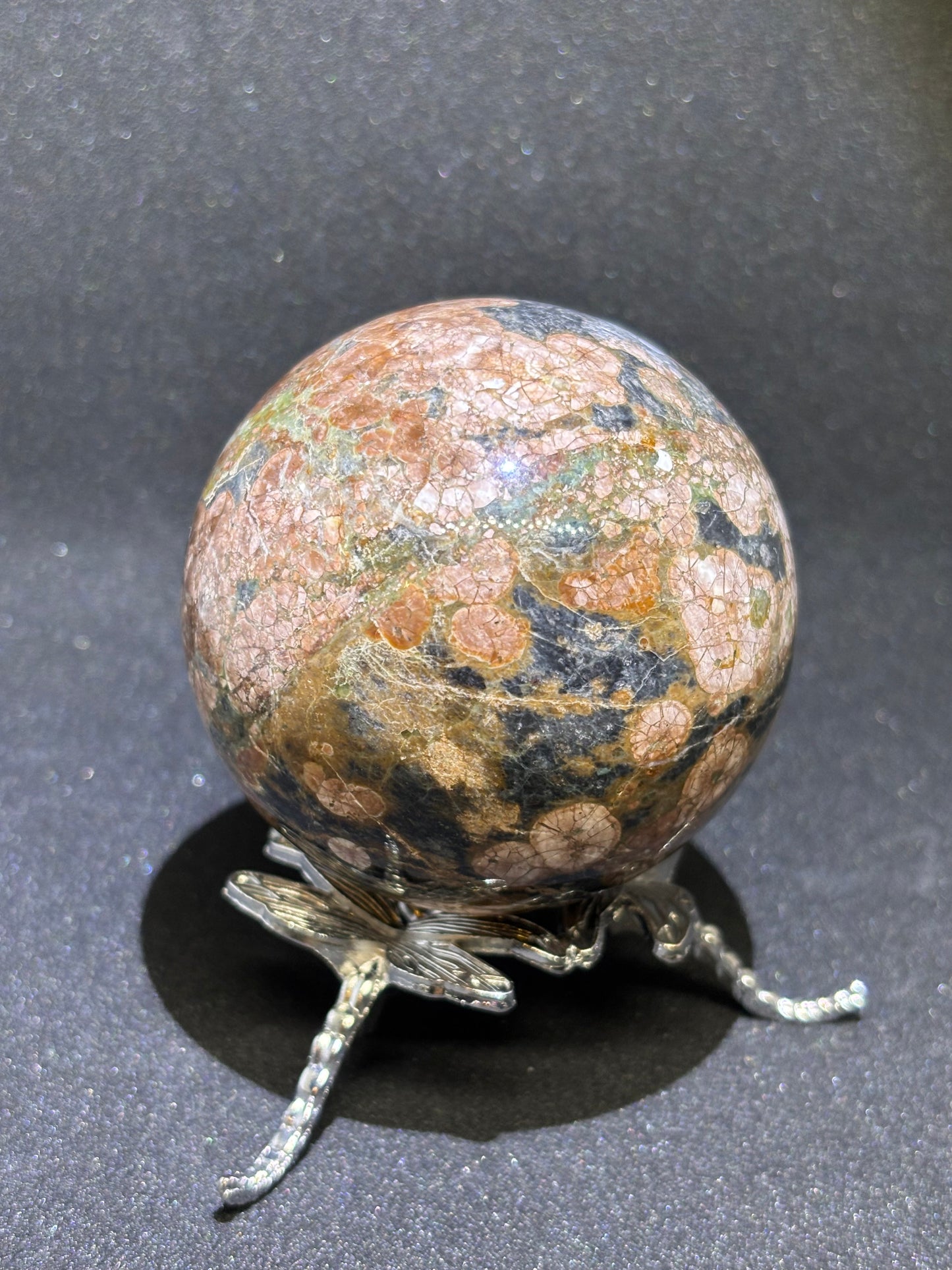 Green Sakura Flower Agate Sphere 6.5cm - Cherry Blossom Crystal Ball with Dragonfly Stand