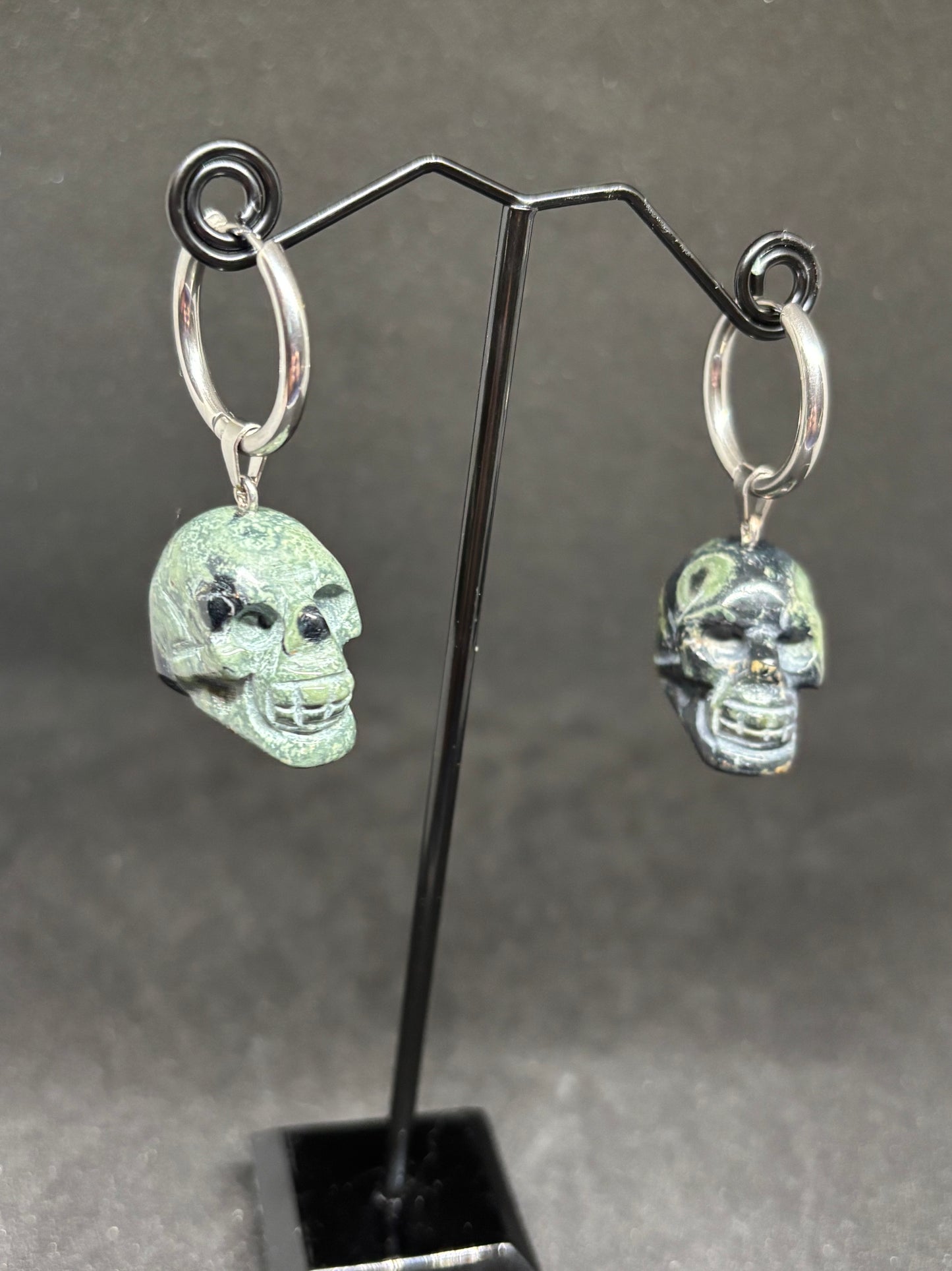 Hand Carved Kambaba Jasper Skull Hoop Earrings - 2" Green Crystal 14g