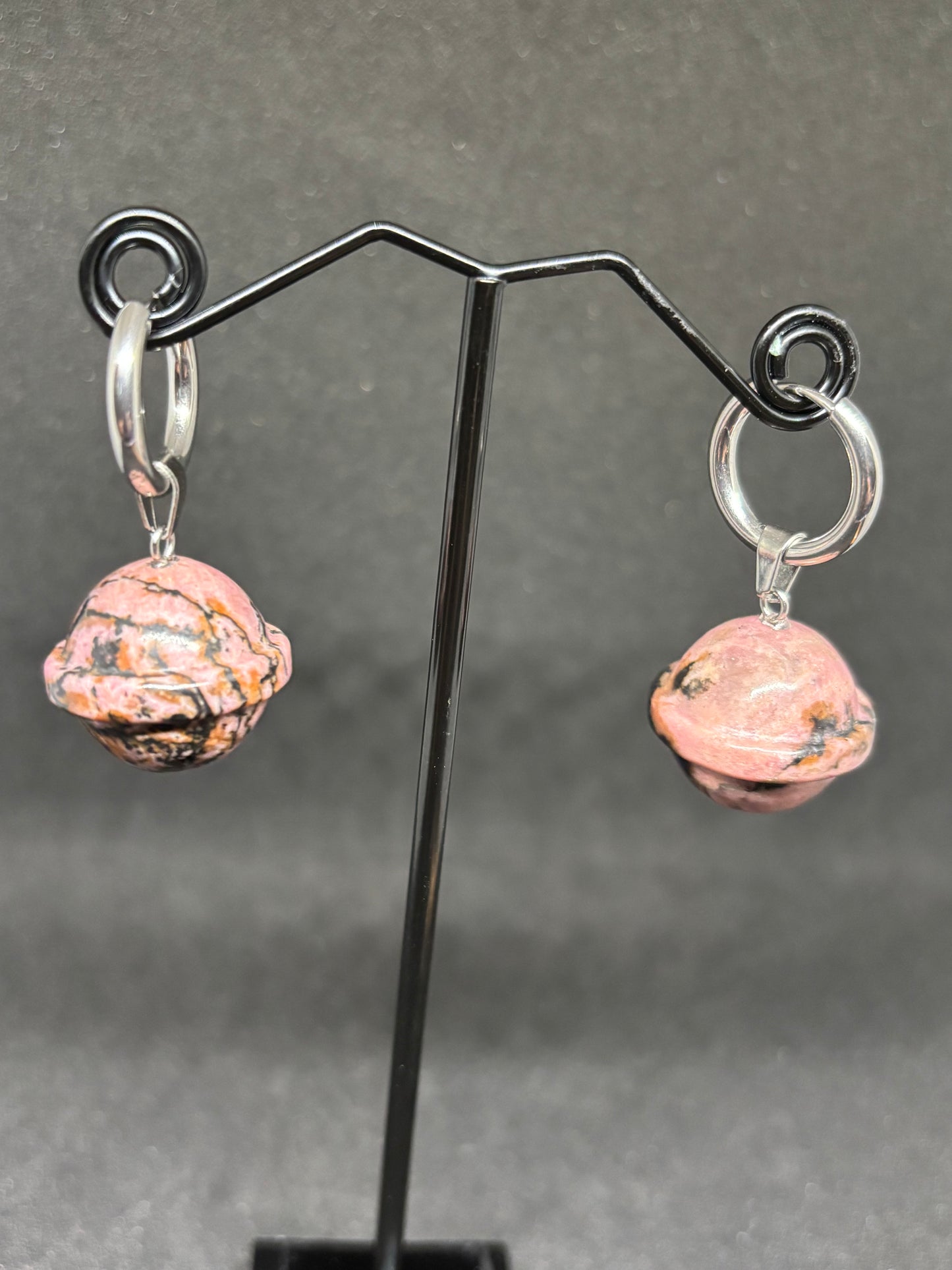 Natural Pink Rhodonite Bell Earrings - 2cm Hand Carved Stainless Steel Hoops