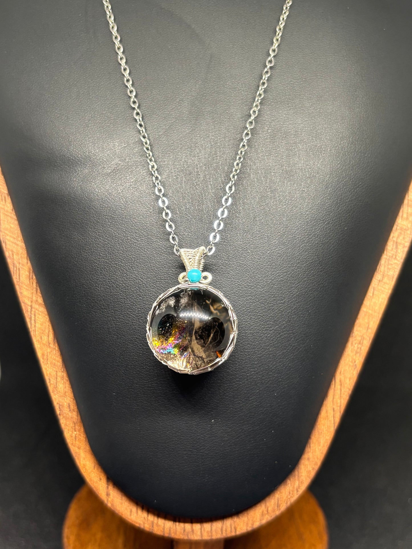 Natural Smoky Quartz Sphere Pendant - Steel Net Wrapped with Turquoise Accent