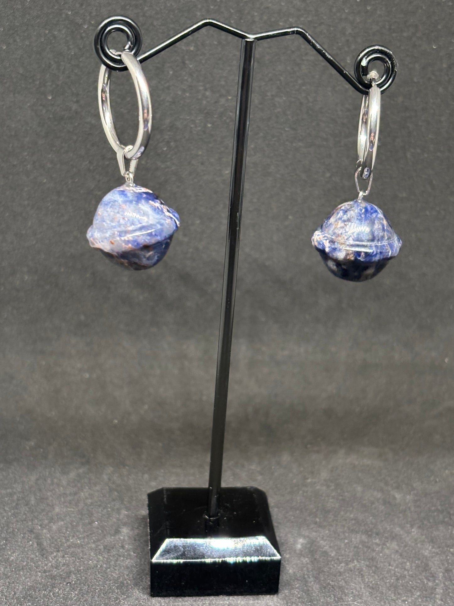 Natural Sodalite Bell Earrings - 2cm Hand Carved Stainless Steel Hoops