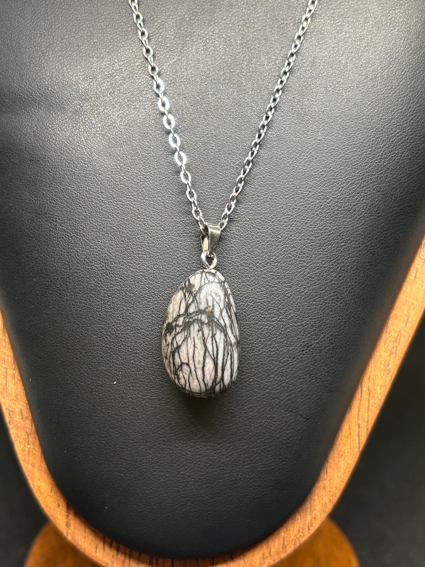 Zebra Jasper Pendant - Natural Black & White Striped Stone with Steel Chain