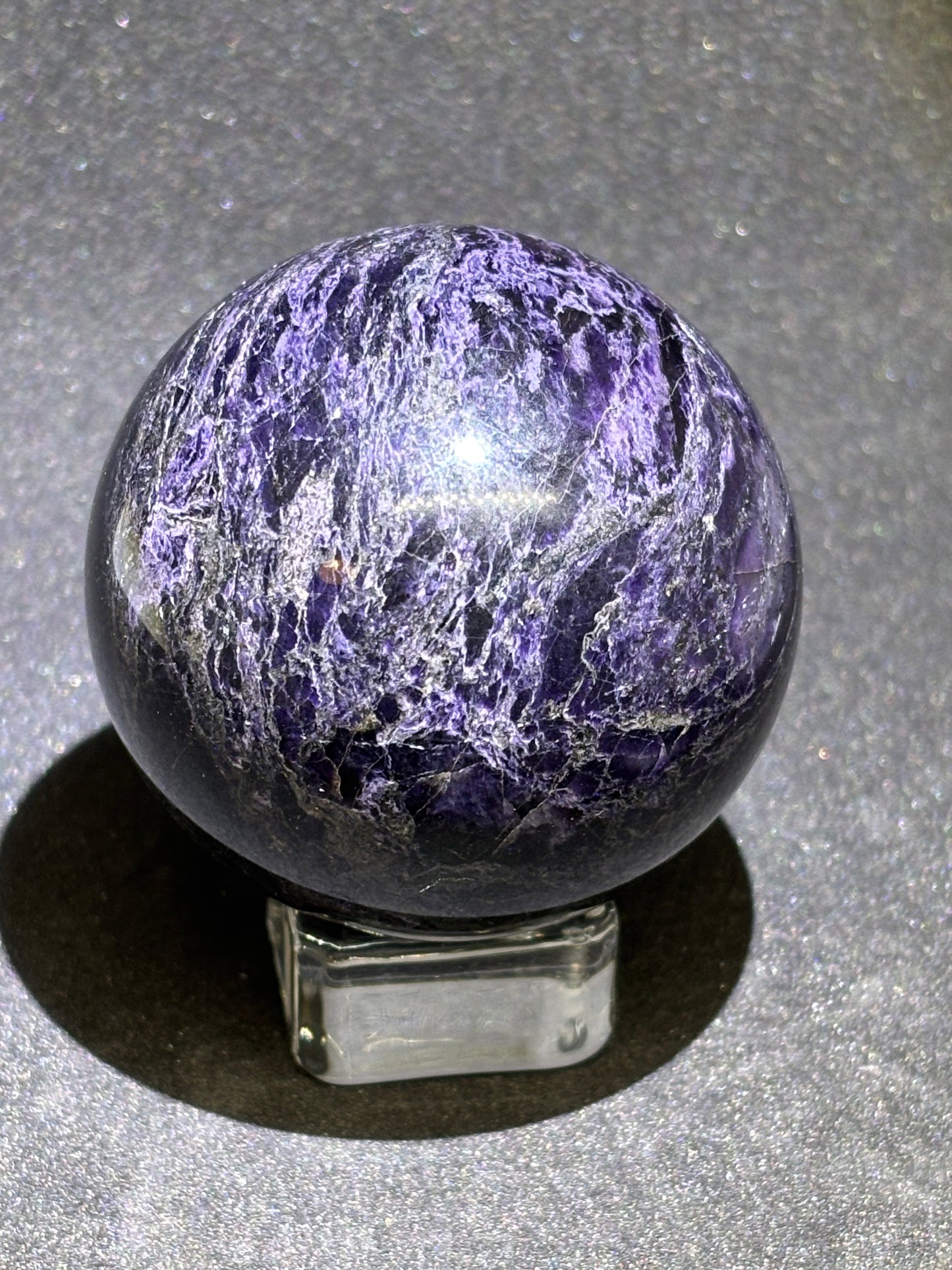 Charoite Sphere - 7cm Gothic Purple & Black Crystal Ball with Stand