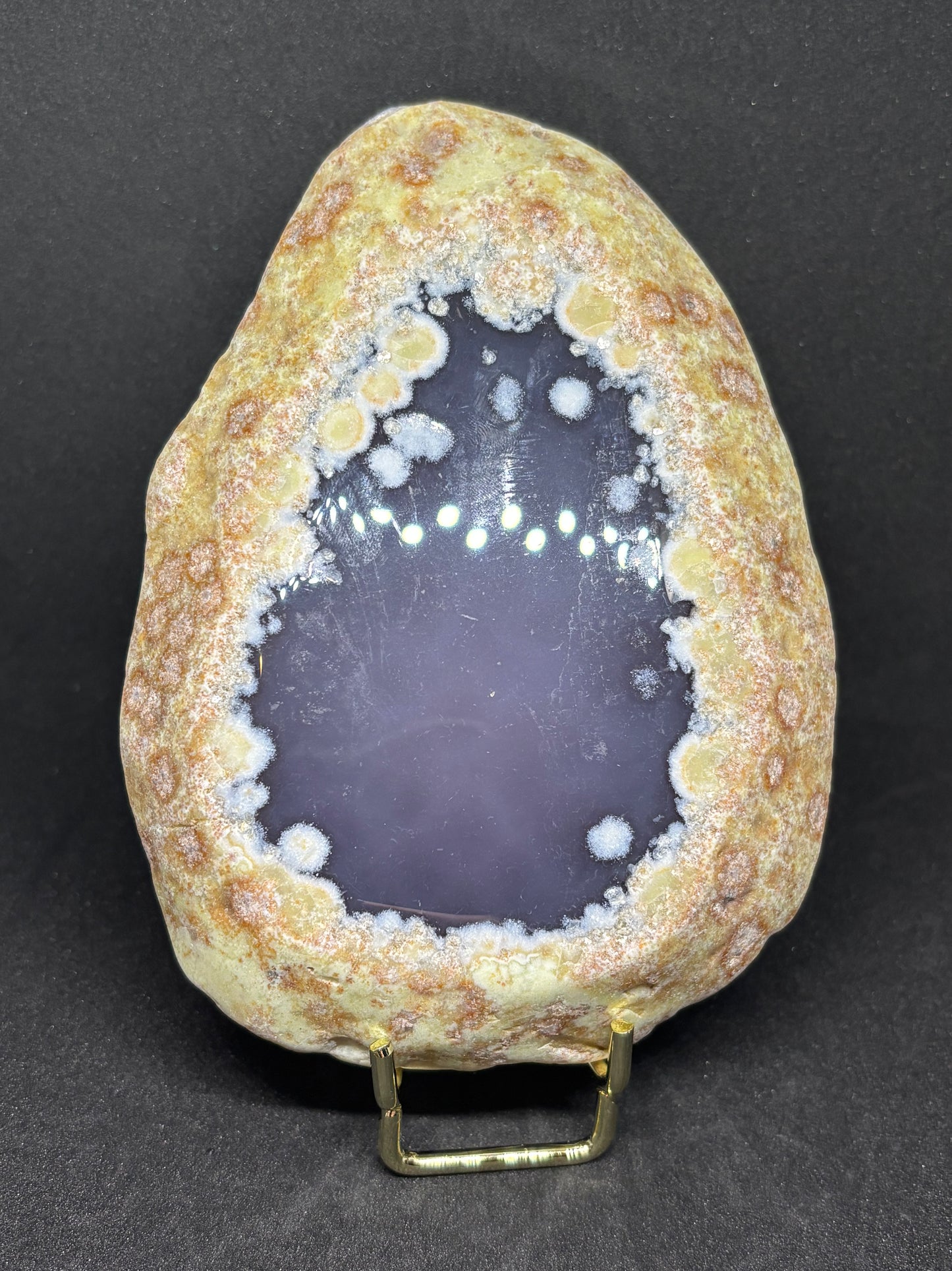 Natural Purple Agate Slice - 9cm Undyed Druzy Heart Crystal 366g with Gold Stand