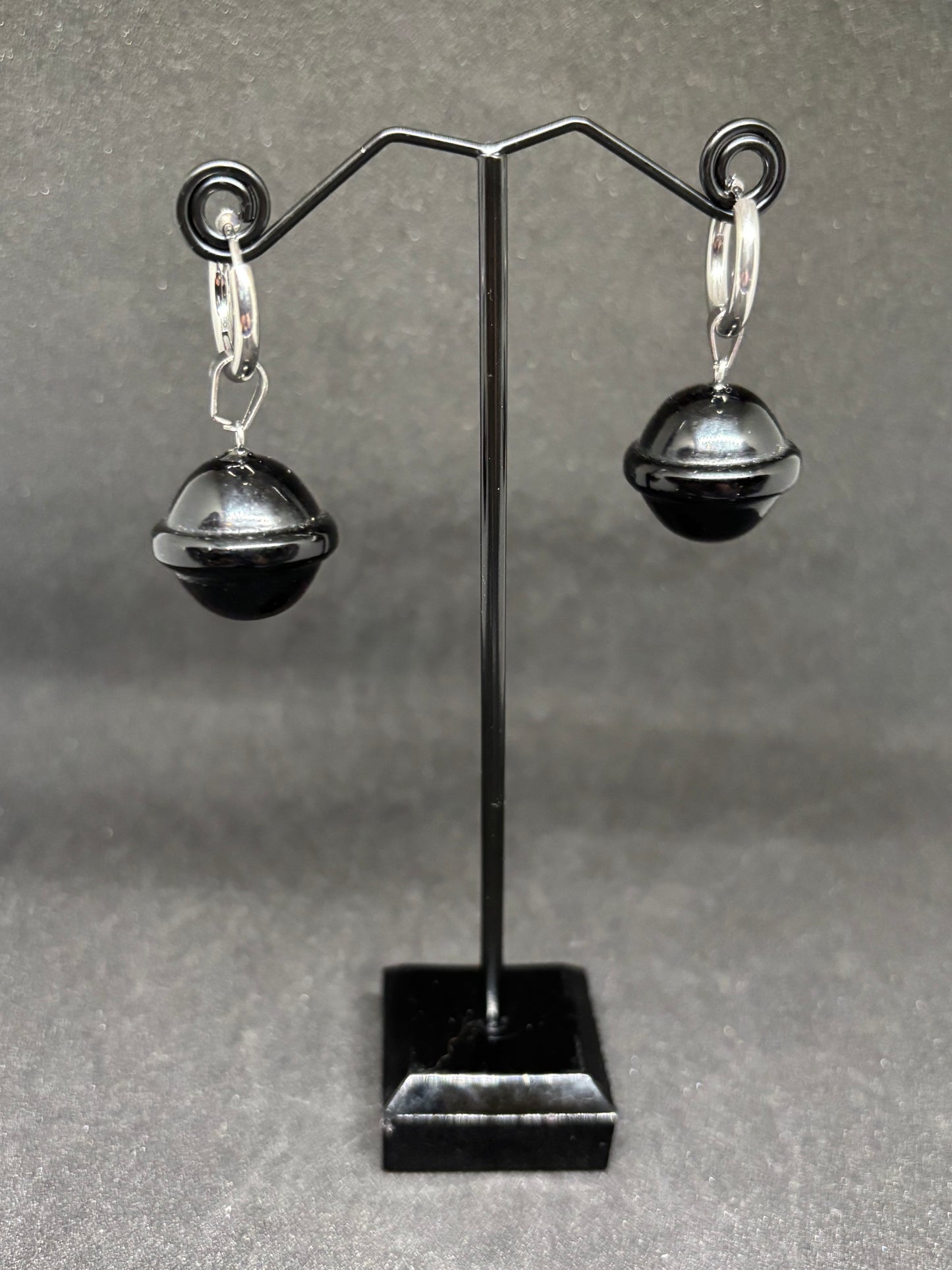 Black Obsidian Bell Earrings - 2.5" Carved Crystal Stainless Steel Hoops