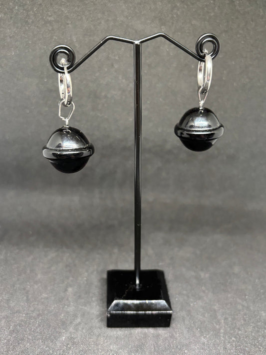 Black Obsidian Bell Earrings - 2.5" Carved Crystal Stainless Steel Hoops