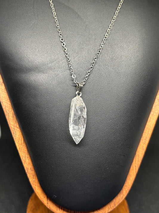 Clear Quartz Point Pendant - 1.5" Natural Raw Crystal with Steel Chain