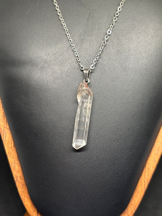 Clear Quartz Point Pendant - 1.5" Natural Raw Crystal with Steel Chain