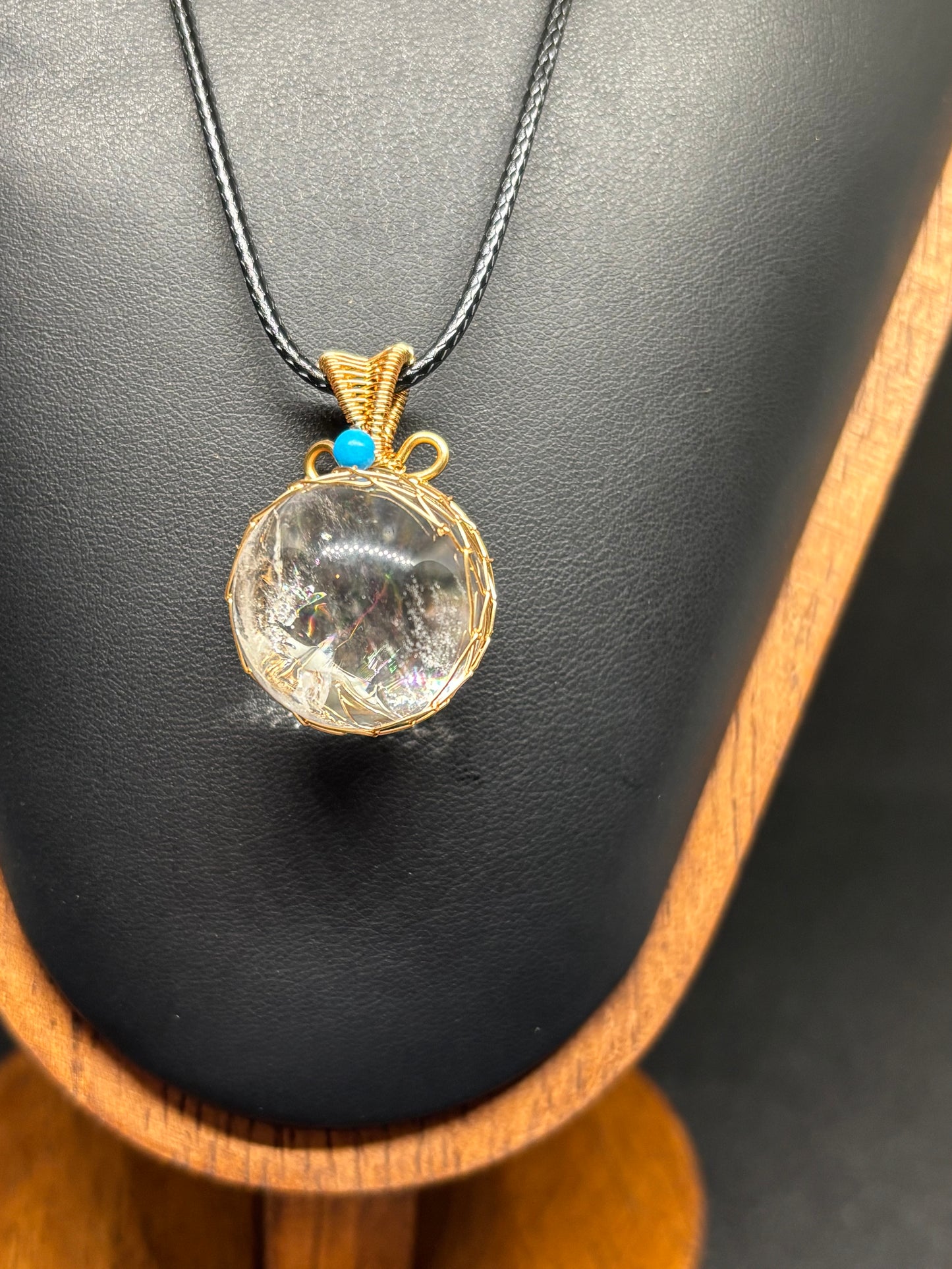 Clear Quartz Sphere Pendant - Gold Wrapped Crystal Ball with Turquoise Bead