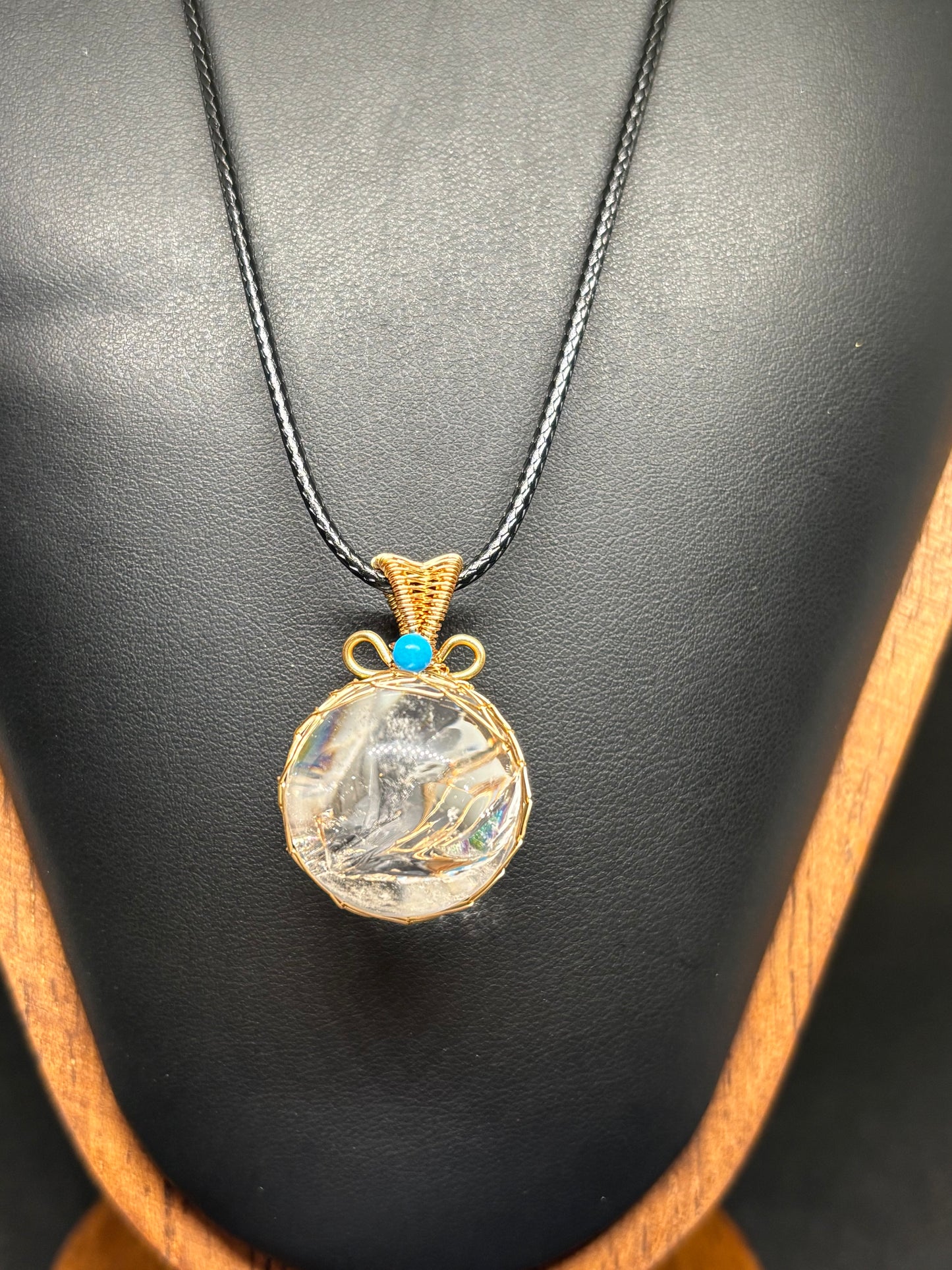 Clear Quartz Sphere Pendant - Gold Wrapped Crystal Ball with Turquoise Bead