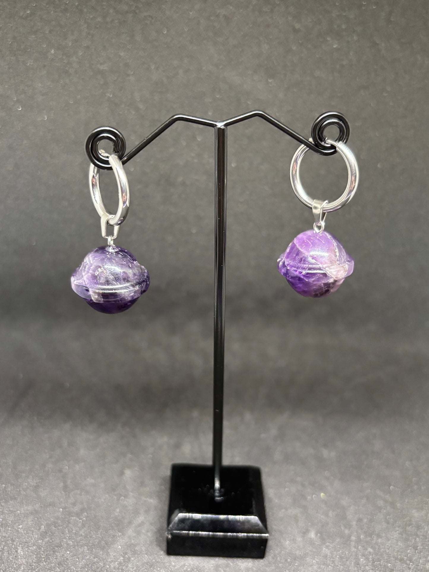 Natural Dream Amethyst Bell Earrings - 2cm Hand Carved Stainless Steel Hoops