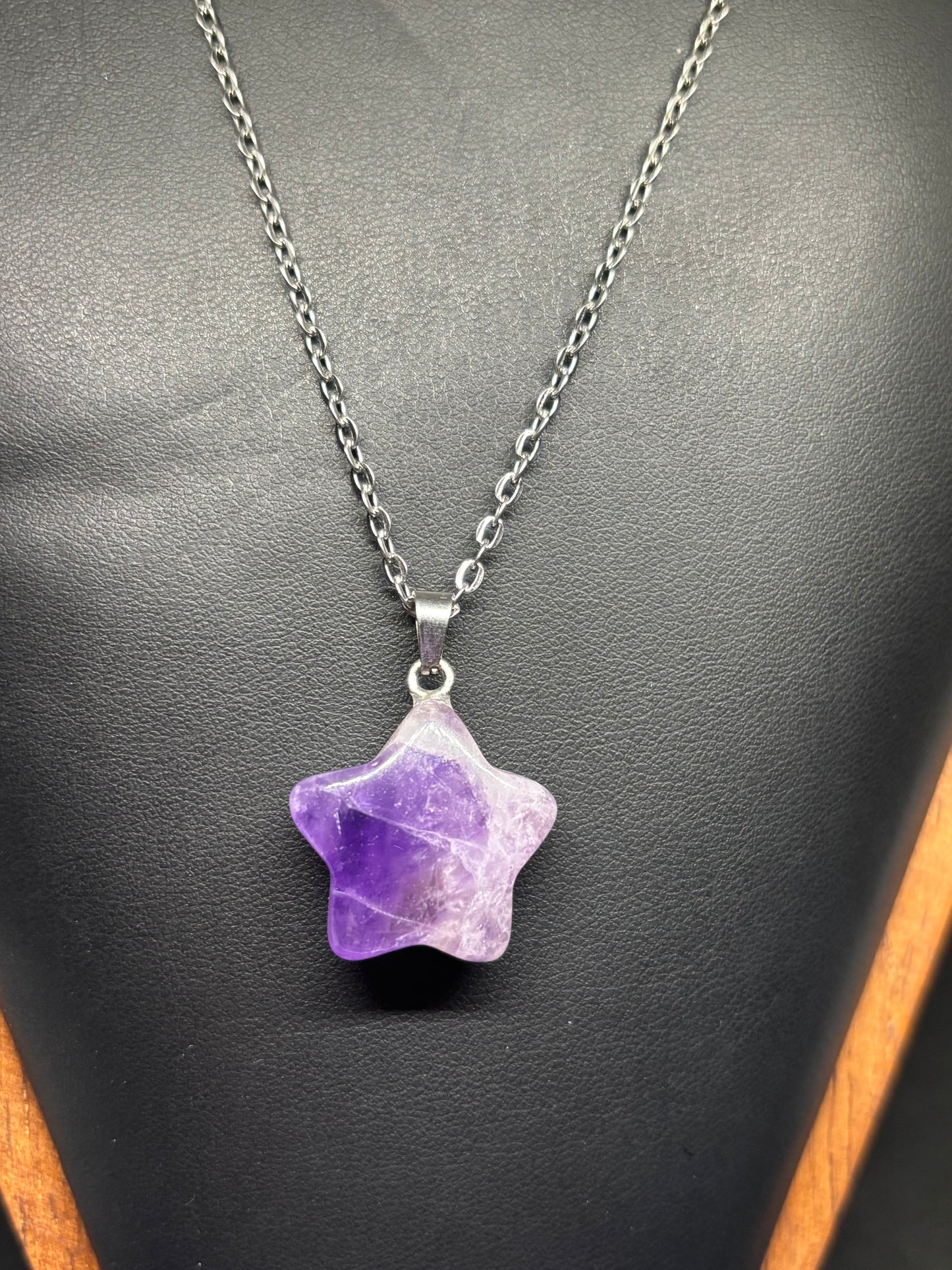 Dream Amethyst Star Pendant - Natural Carved Crystal with 20" Chain