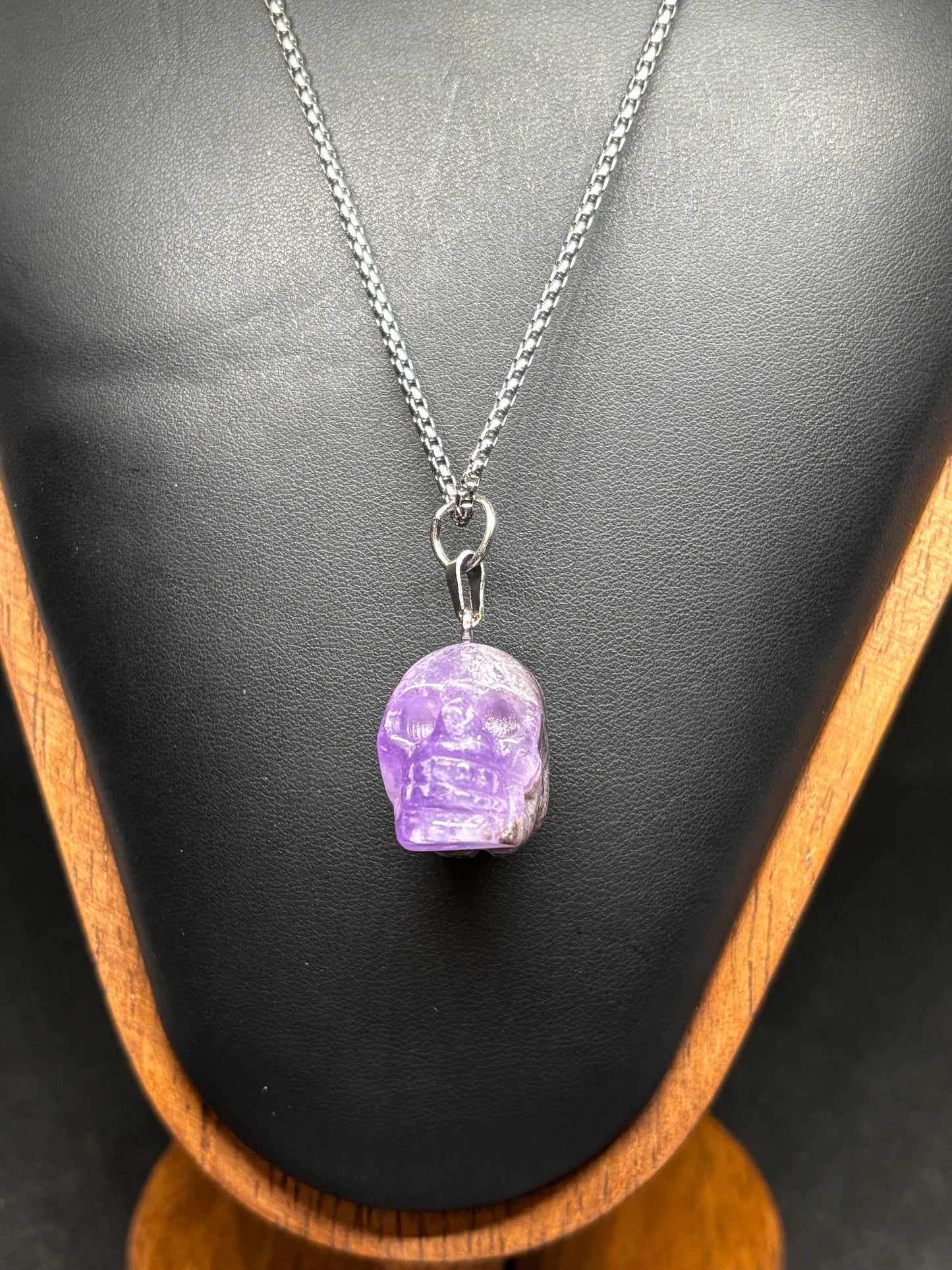 Dream Amethyst Skull Pendant - Natural Carved Crystal with 20" Chain