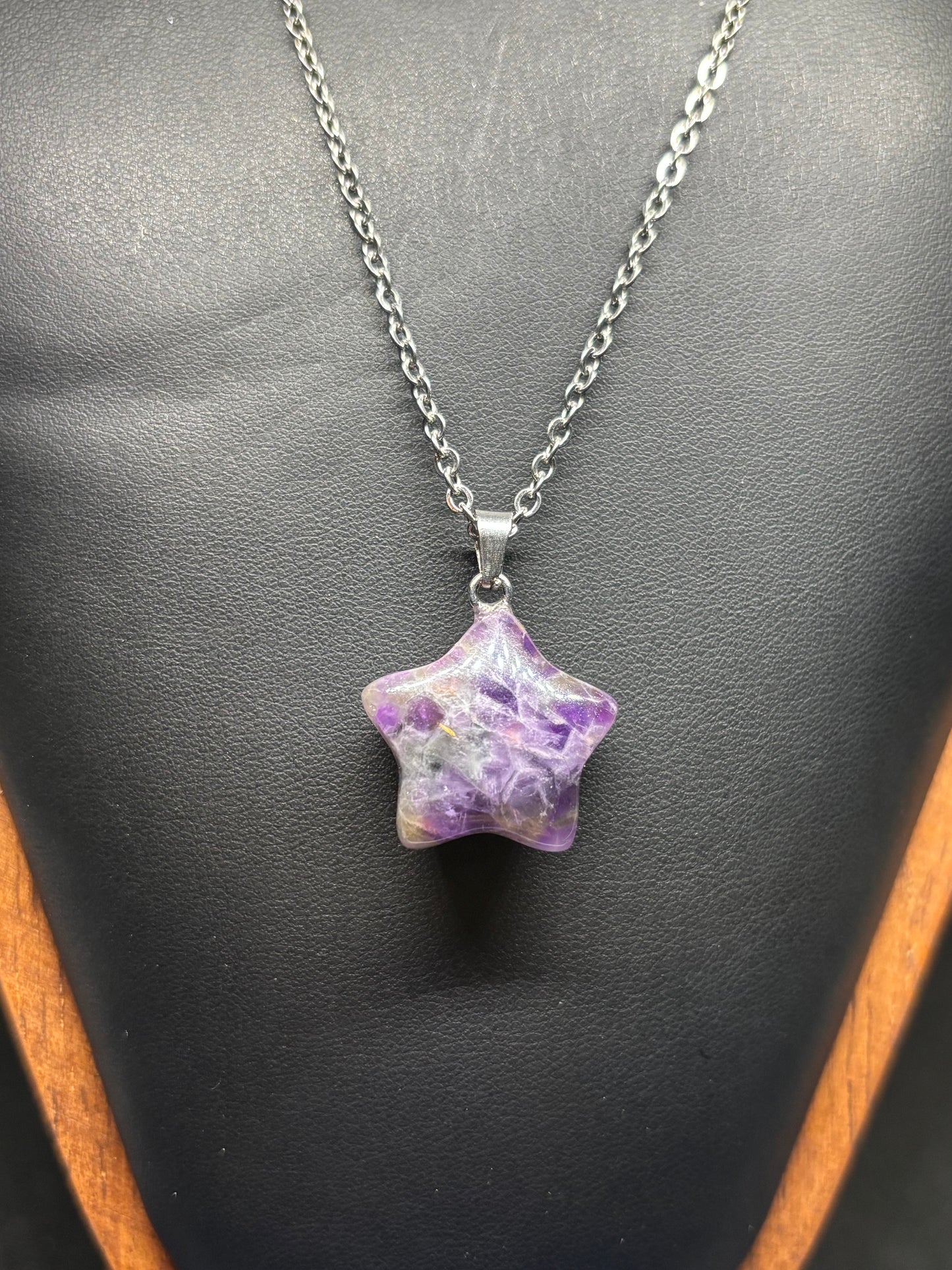 Dream Amethyst Star Pendant - Natural Carved Crystal with 20" Chain