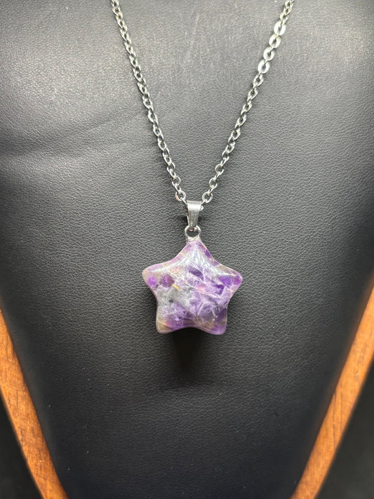 Dream Amethyst Star Pendant - Natural Carved Crystal with 20" Chain