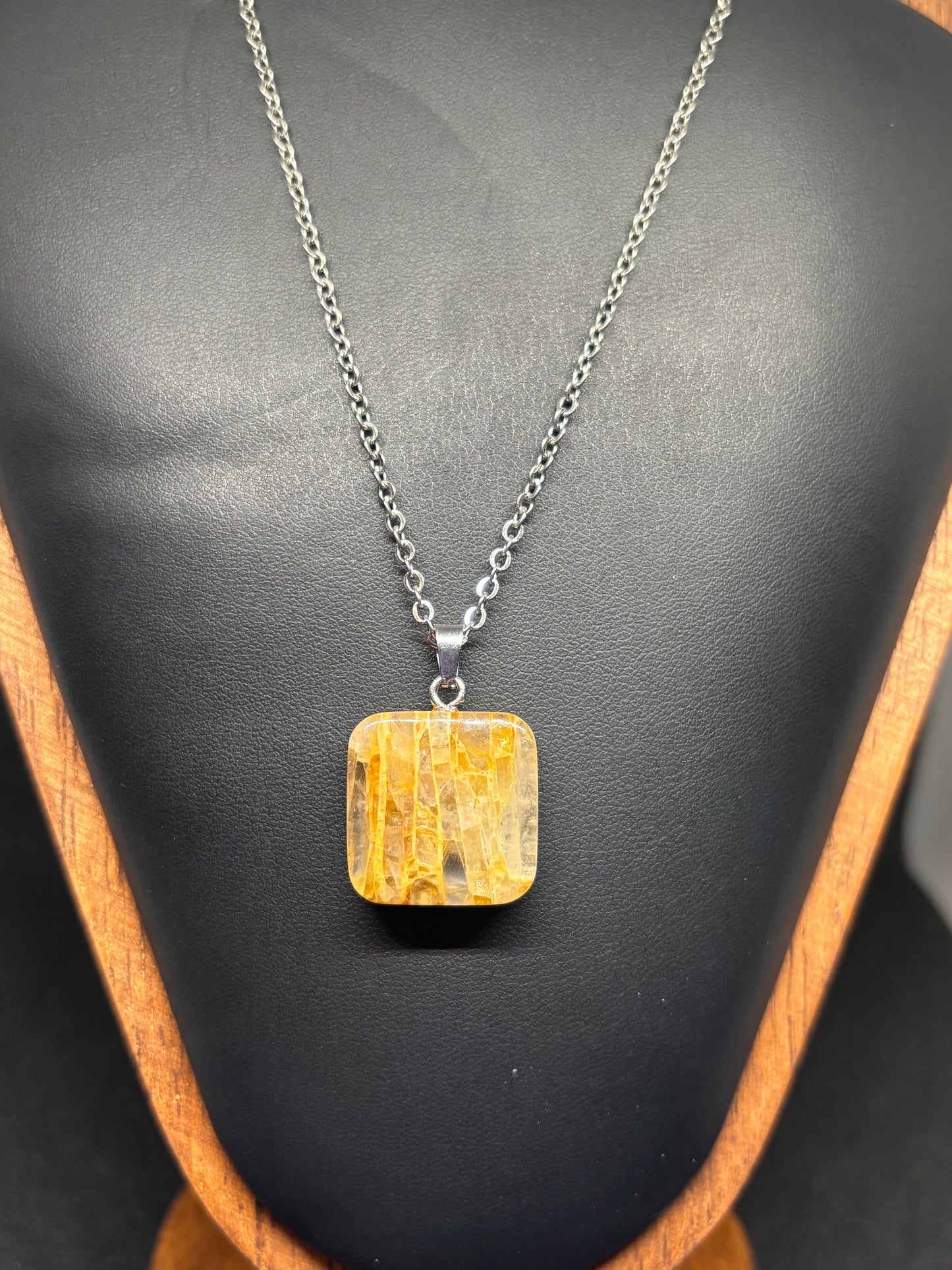Golden Healer Square Pendant - Natural Carved Crystal Necklace 20" Chain