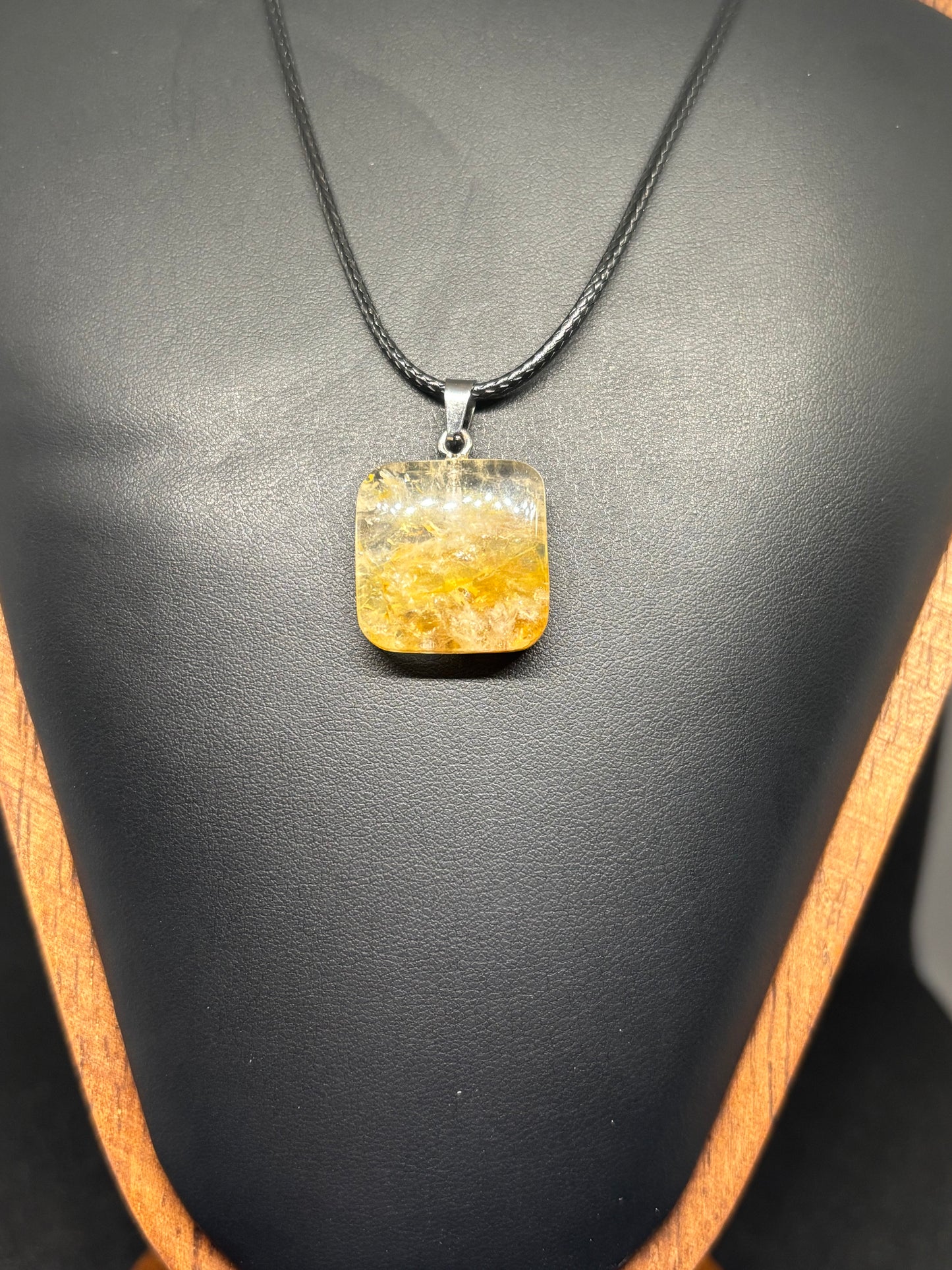 Golden Healer Square Pendant - 1.5" Natural Crystal Necklace 20" Cord
