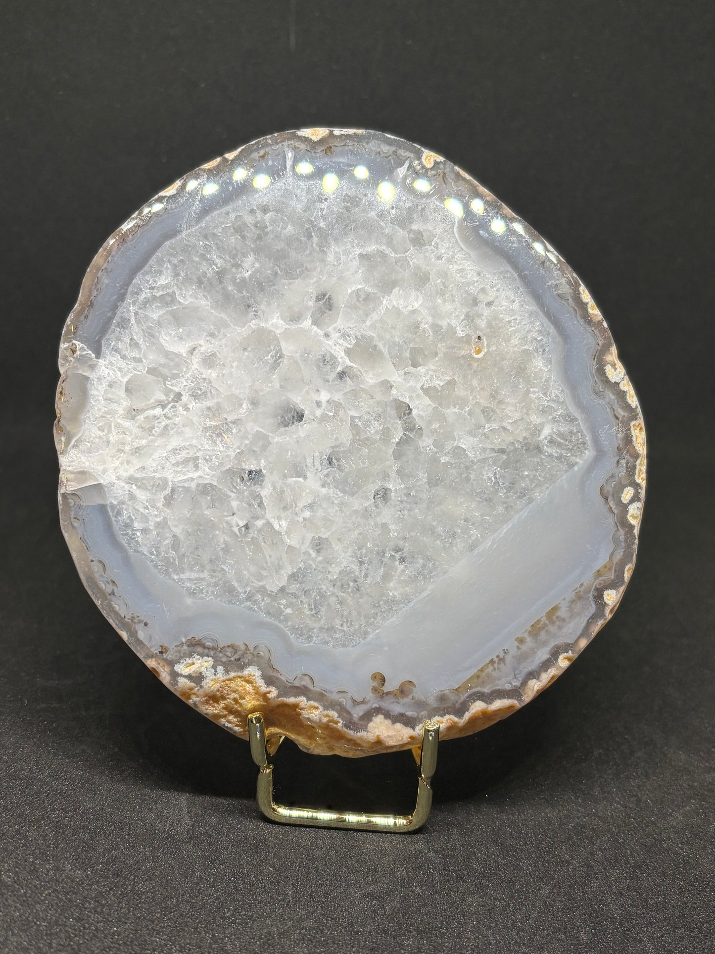 Natural Grey Agate Slice - 10cm Undyed Crystalline Heart 351g with Gold Stand