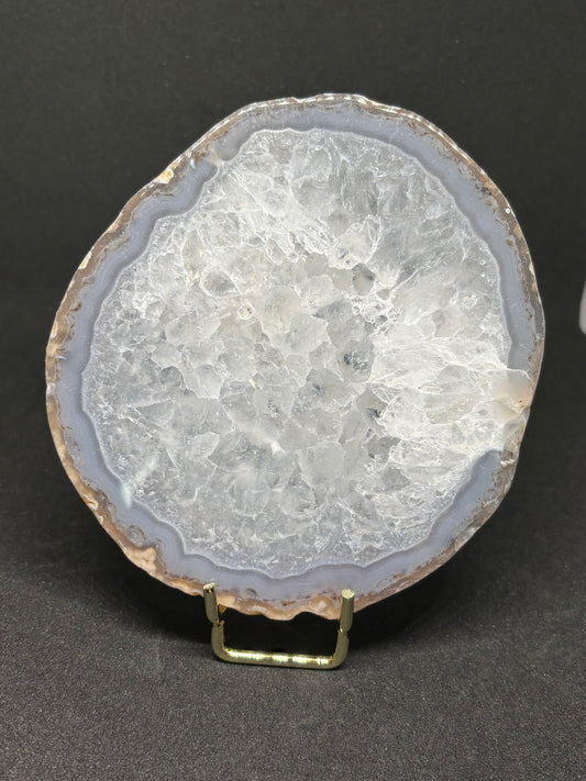 Natural Grey Agate Slice - 10cm Undyed Crystalline Heart 351g with Gold Stand