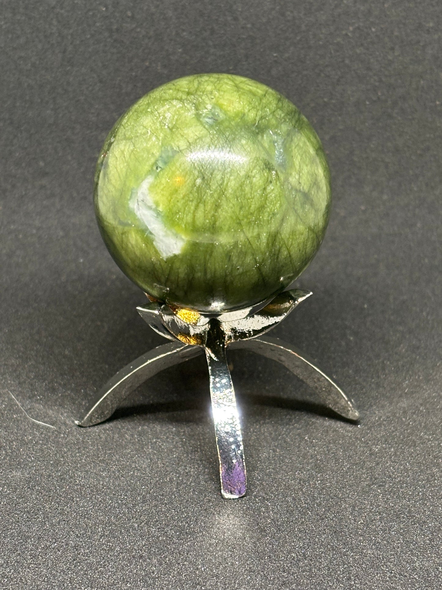 Green Jade Crystal Ball 5cm - Modern Spiked Silver Stand Included