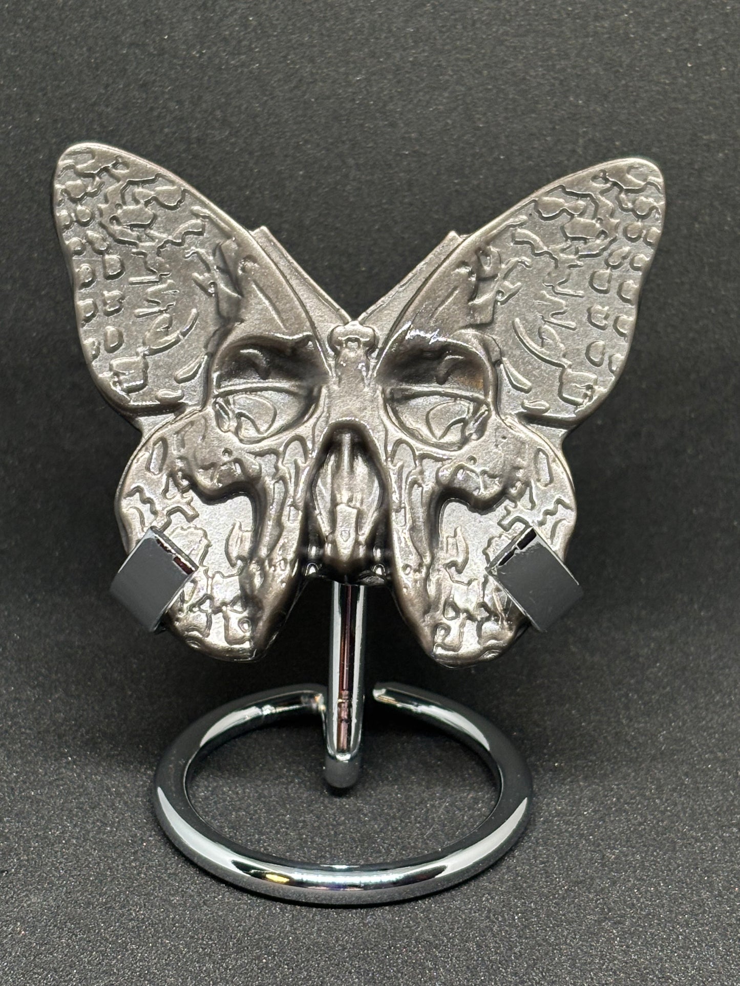 Gothic Skull Butterfly Carving - Silver Obsidian Plaque with Metal Stand