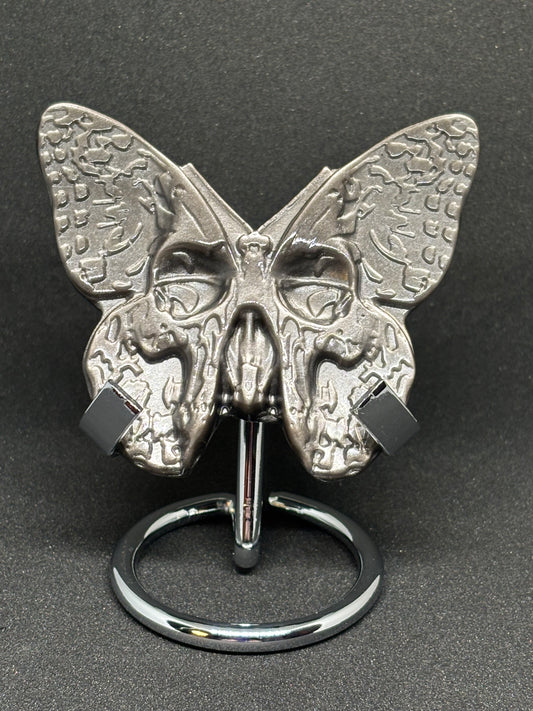 Gothic Skull Butterfly Carving - Silver Obsidian Plaque with Metal Stand
