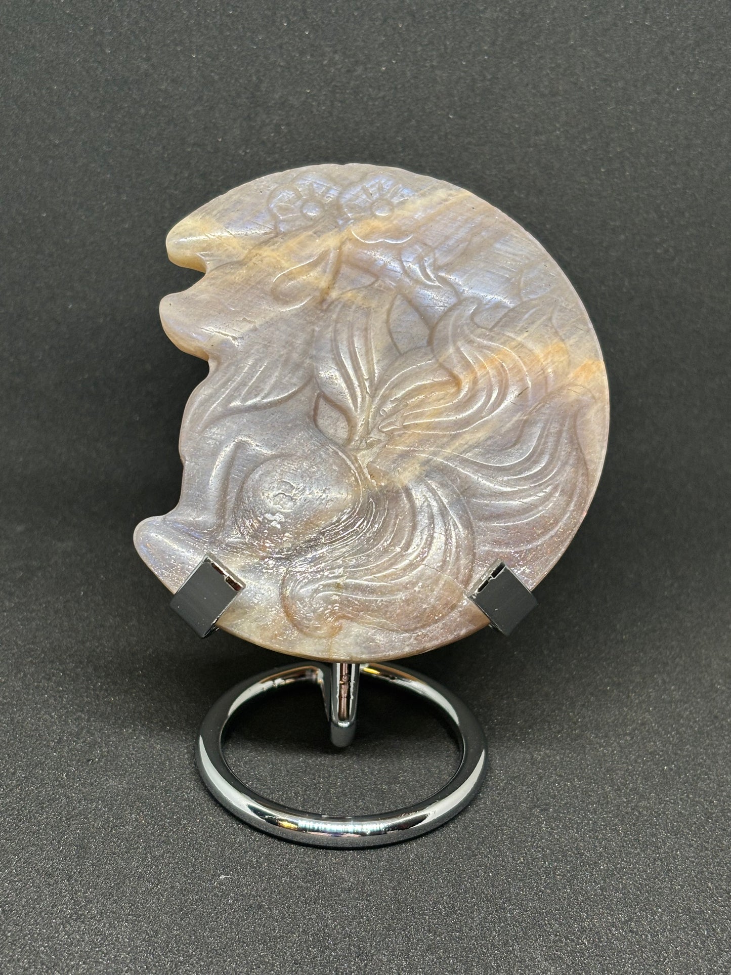 Moonstone Huli Jing Carving - Nine Tailed Fox with Display Stand