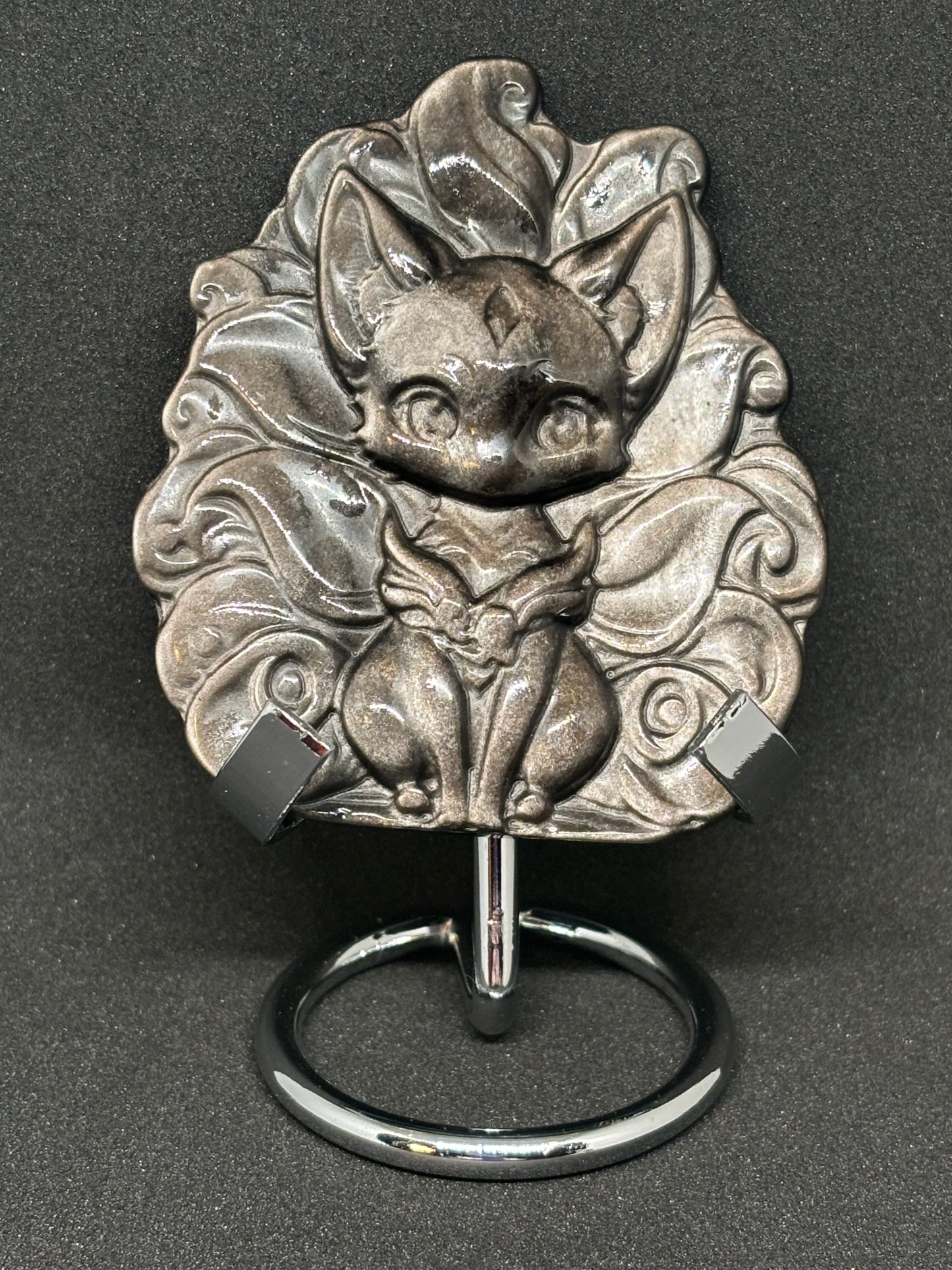 Silver Obsidian Nine-Tailed Fox Carving - Huli Jing Mythical Crystal with Stand