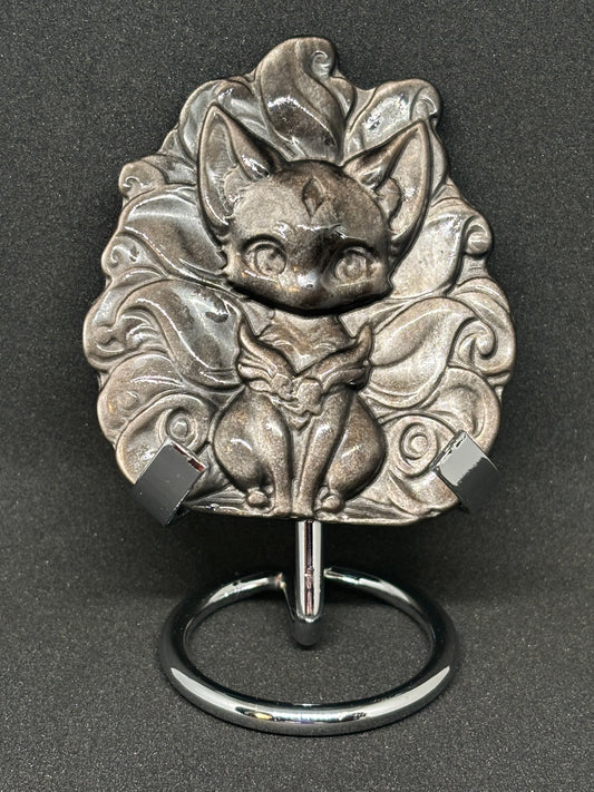 Silver Obsidian Nine-Tailed Fox Carving - Huli Jing Mythical Crystal with Stand