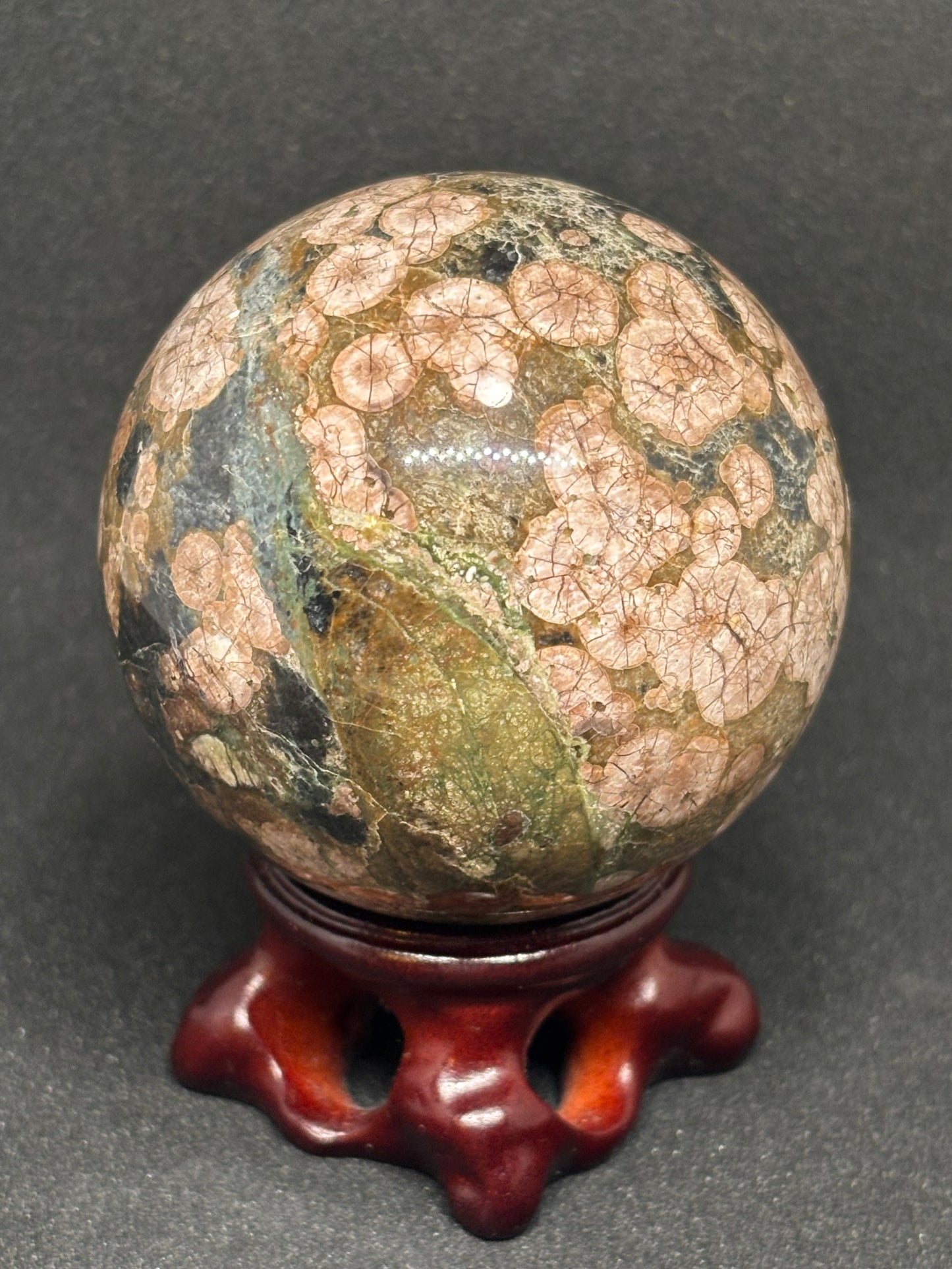 Green Sakura Flower Agate Sphere 6.5cm - Cherry Blossom Crystal Ball with Stand