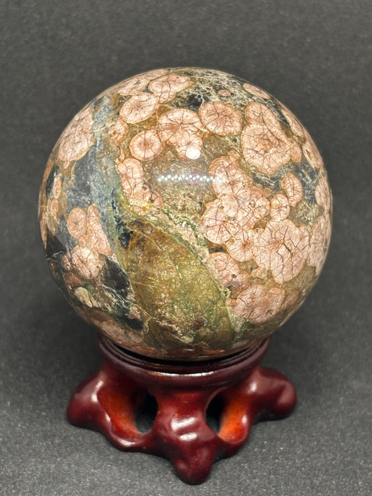 Green Sakura Flower Agate Sphere 6.5cm - Cherry Blossom Crystal Ball with Stand