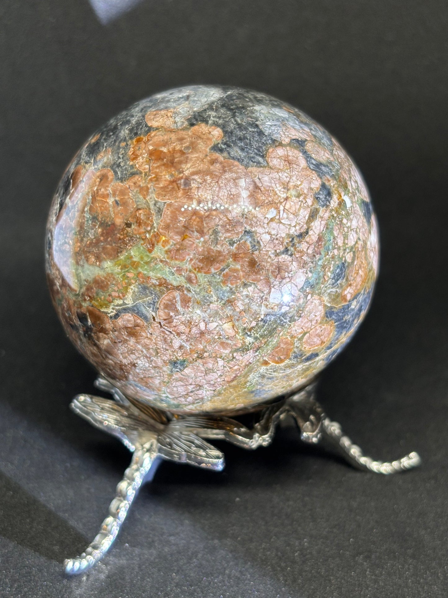 Green Sakura Flower Agate Sphere 6.5cm - Cherry Blossom Crystal Ball with Dragonfly Stand