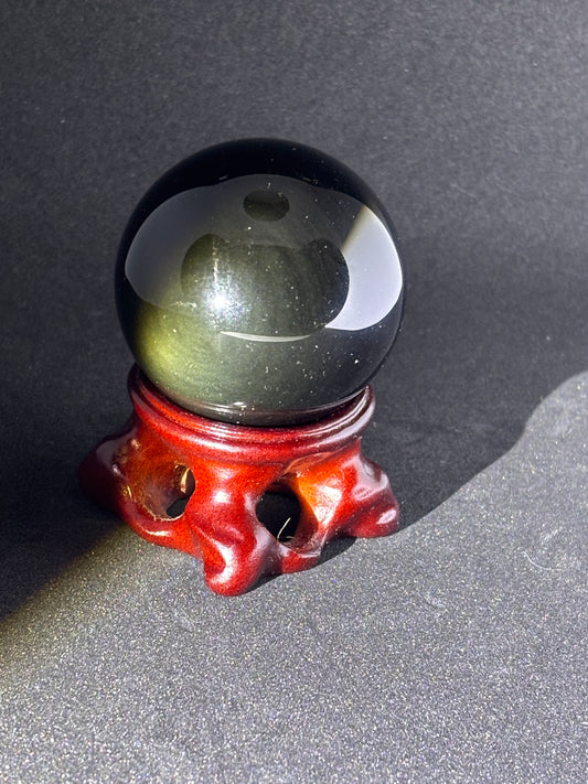 4cm Silver Obsidian Sphere on Dark Wood Stand - Scrying Crystal Ball