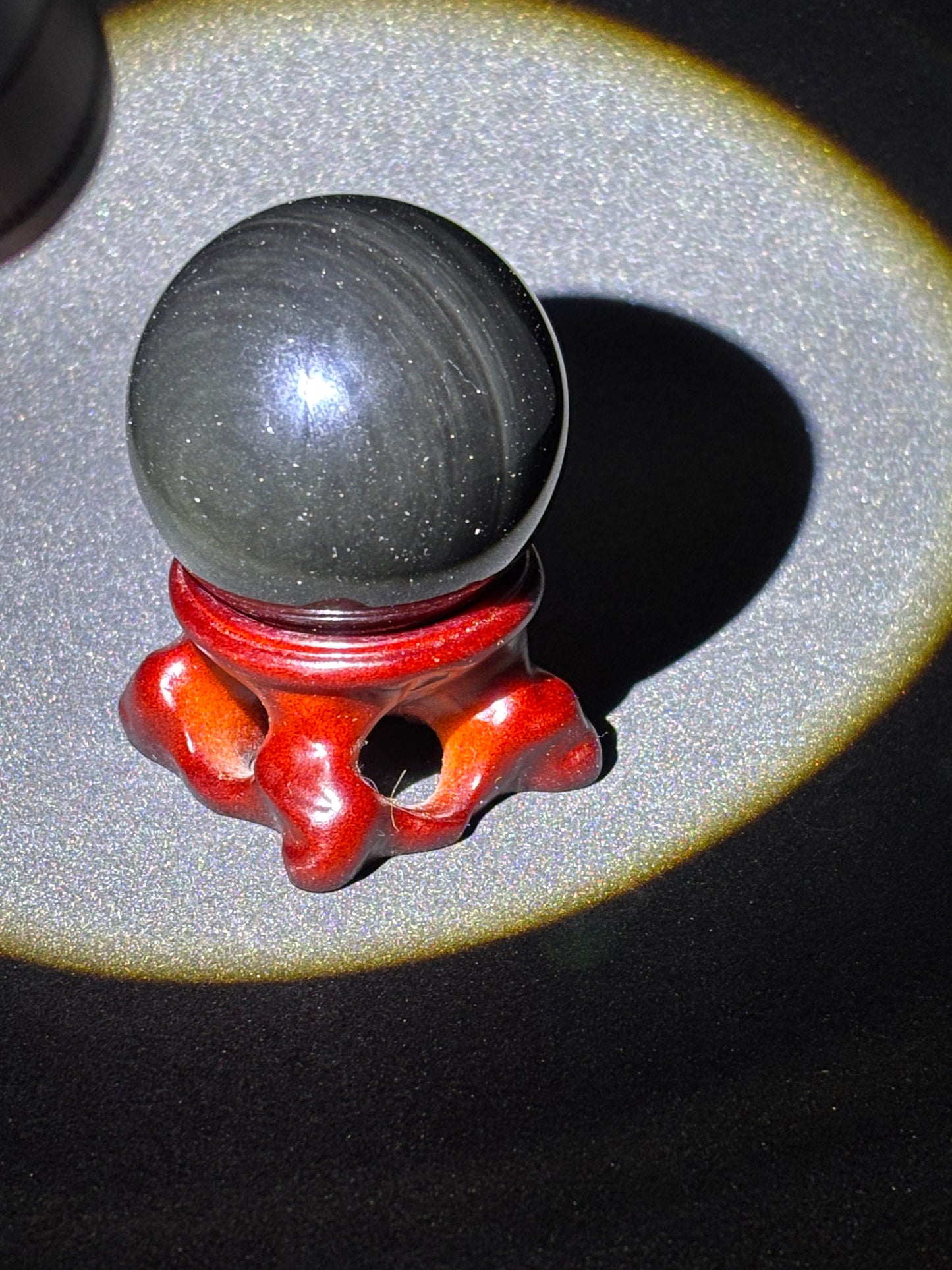 4cm Silver Obsidian Sphere on Dark Wood Stand - Scrying Crystal Ball