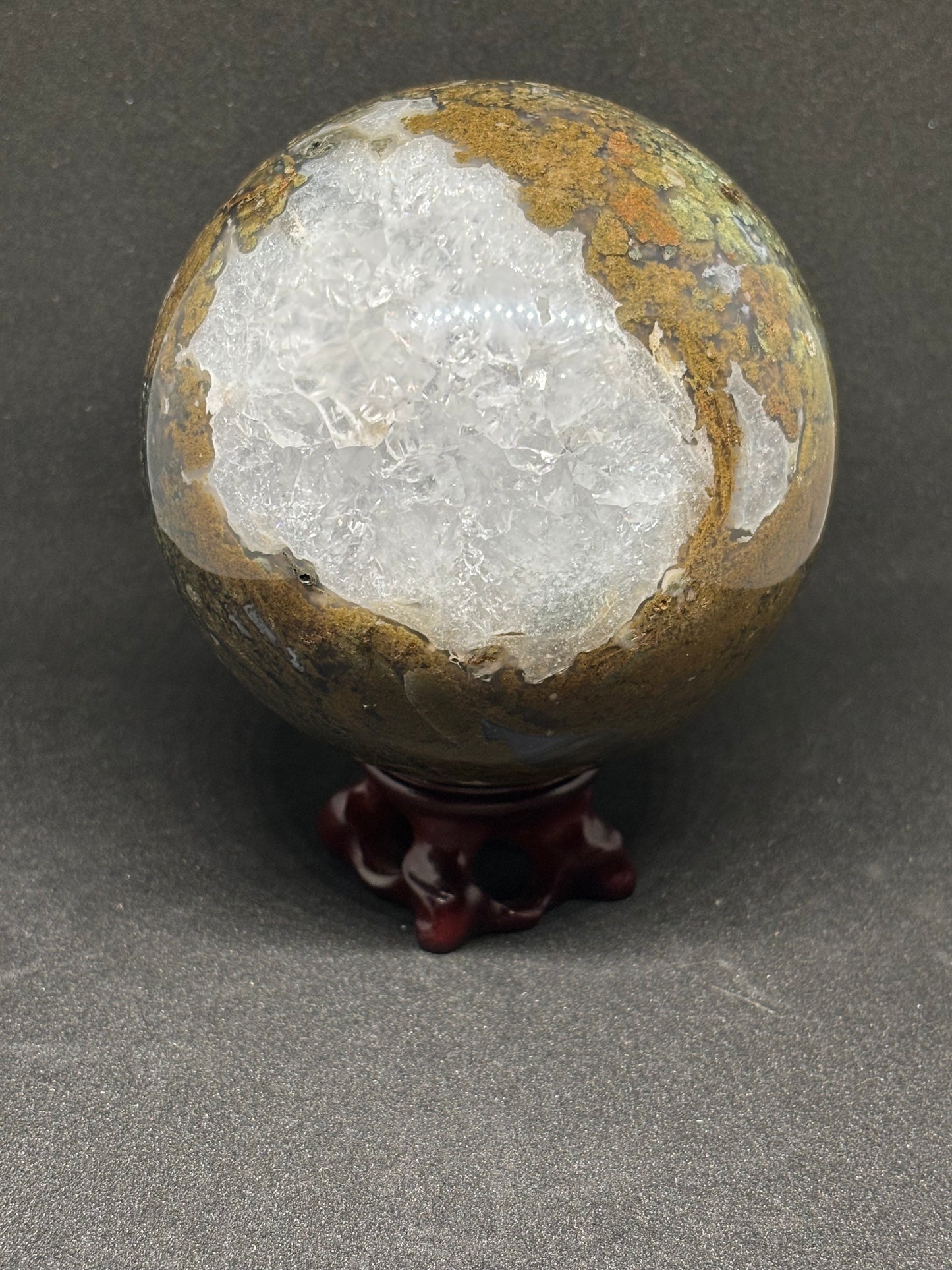 Natural Blue Moss Agate Sphere - 9.5cm 1.3kg with Druzy & Wooden Stand