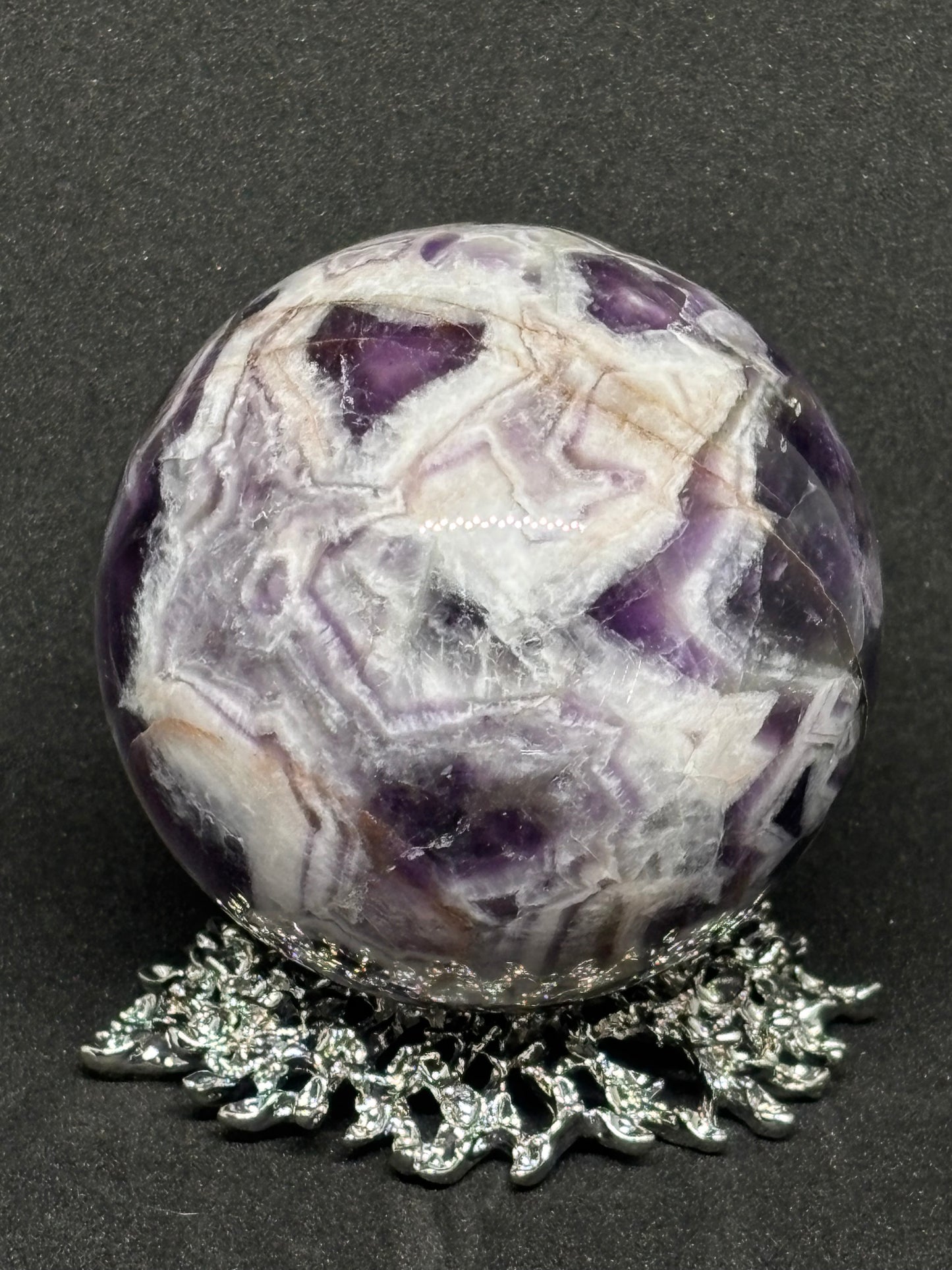 Natural Dream Amethyst Sphere - 6cm Purple & White Crystal with Silver Stand