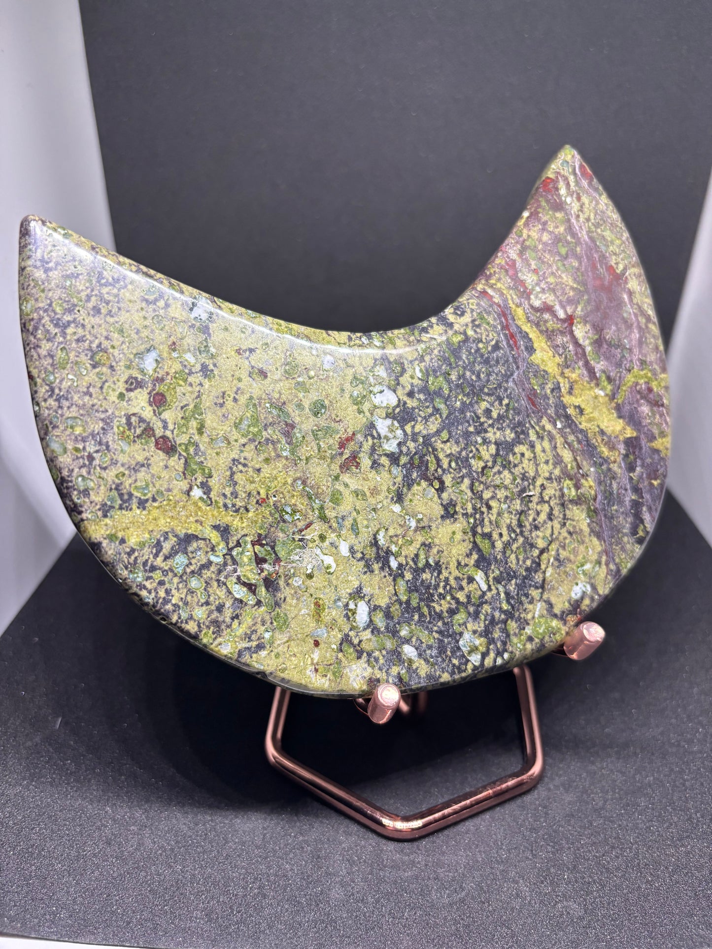 6cm Dragon's Blood Jasper Moon - 600g Fantasy Crystal with Gold Stand