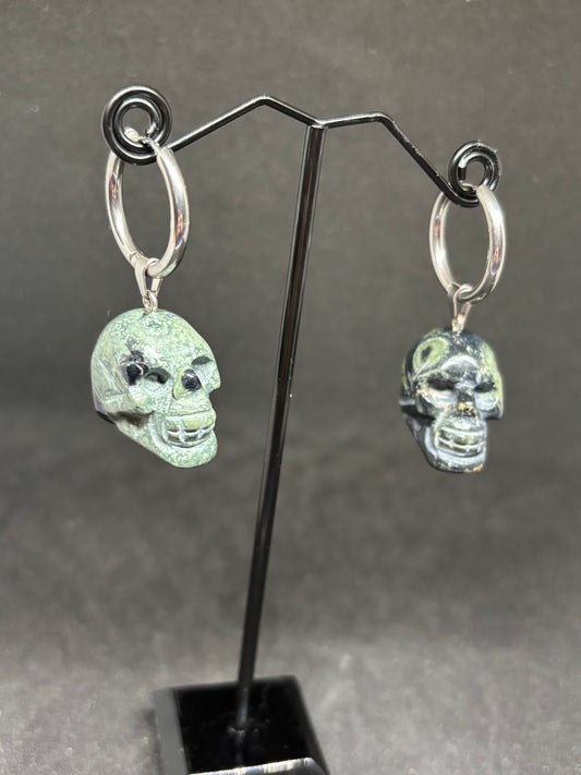 Hand Carved Kambaba Jasper Skull Hoop Earrings - 2" Green Crystal 14g