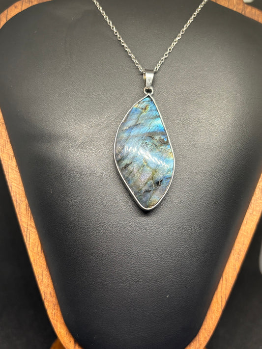 Natural Labradorite Pendant - Freeform Crystal Necklace 20" Stainless Steel