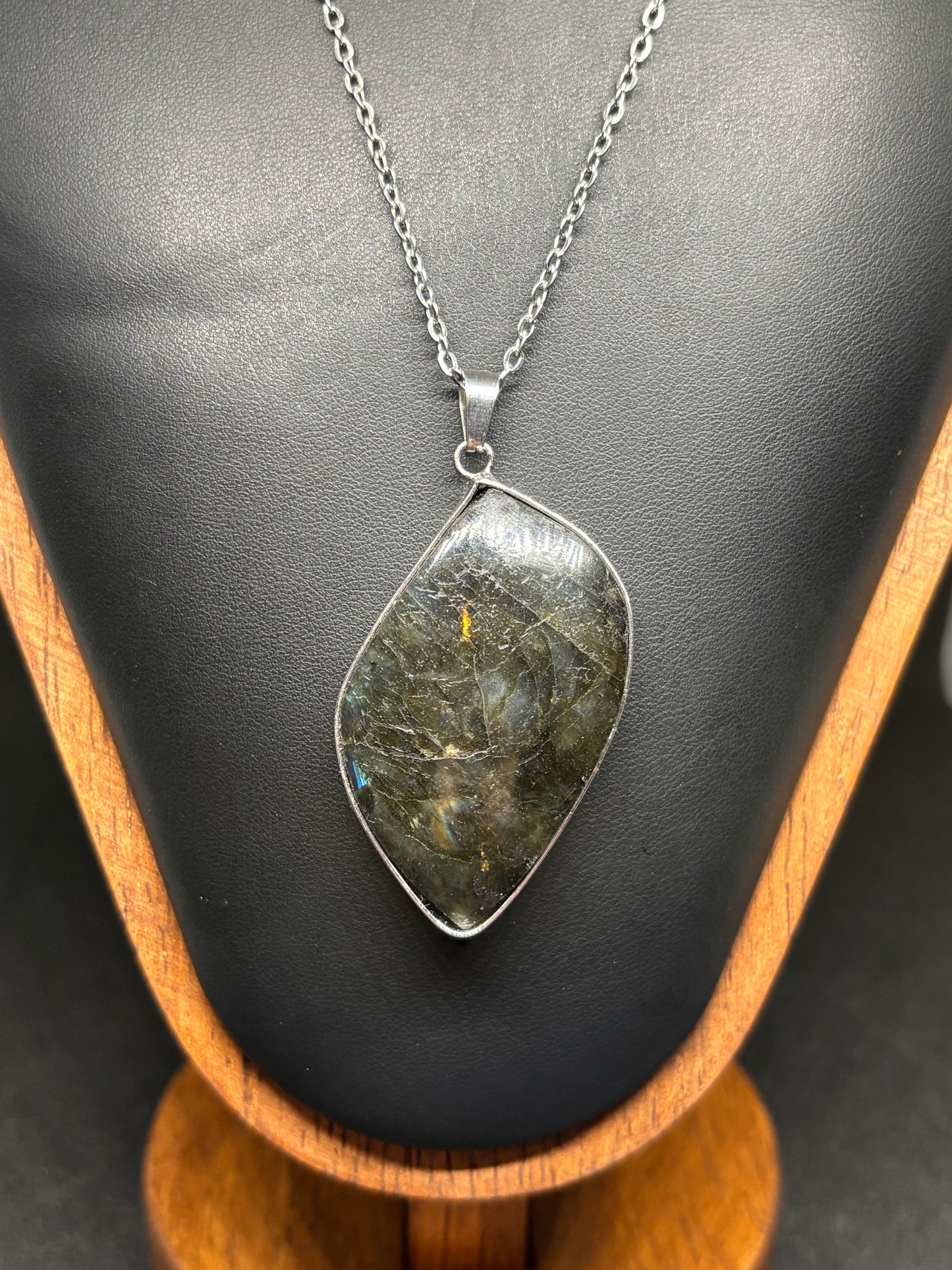 Natural Labradorite Pendant - Freeform Crystal Necklace 20" Stainless Steel