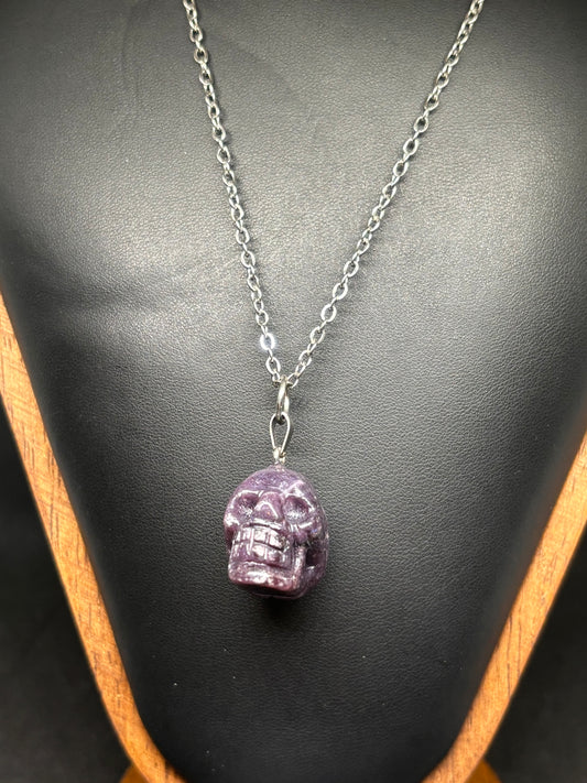 Lepidolite Skull Pendant - Natural Carved Crystal with 20" Chain