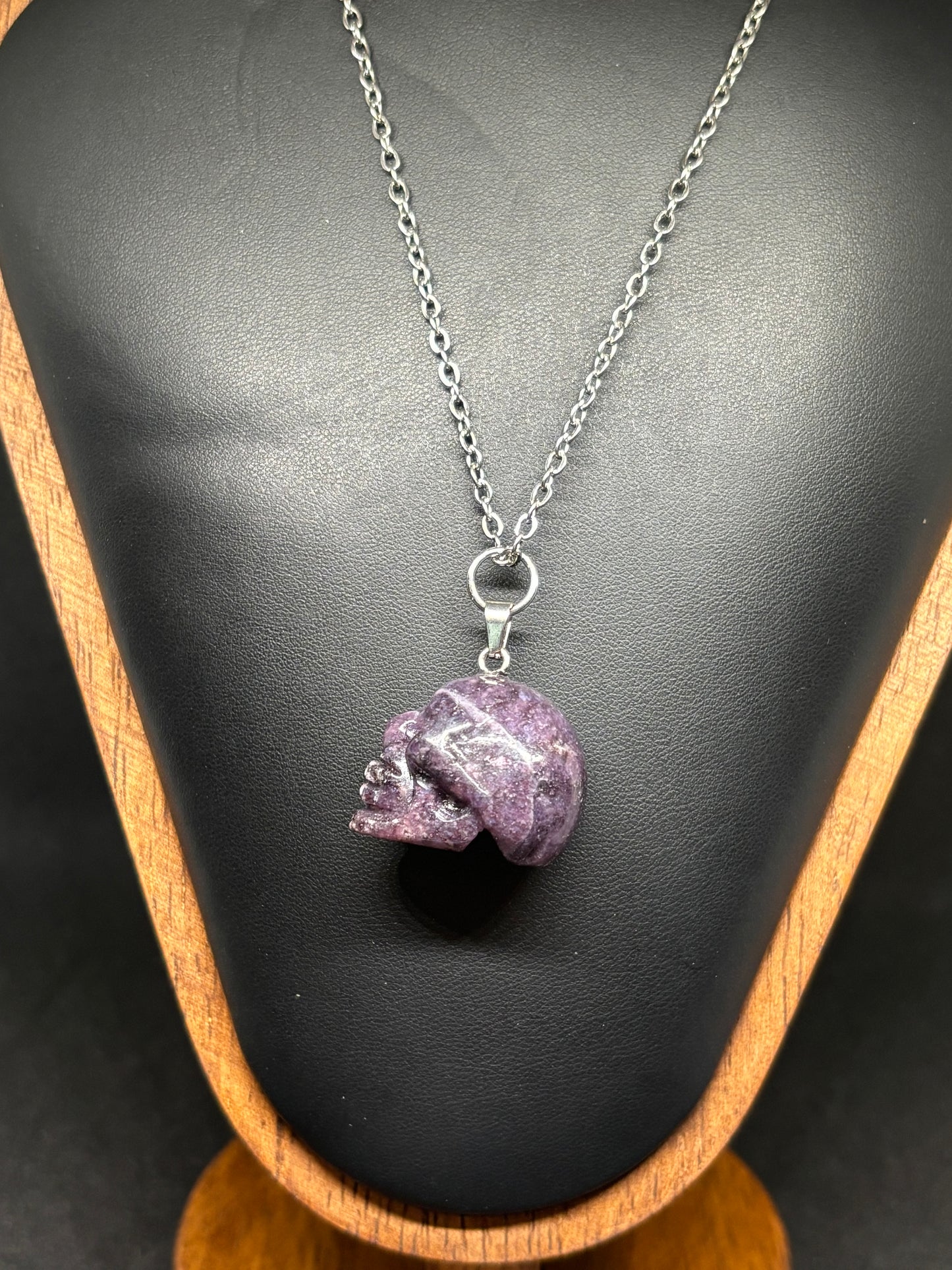 Lepidolite Skull Pendant - Natural Carved Crystal with 20" Chain