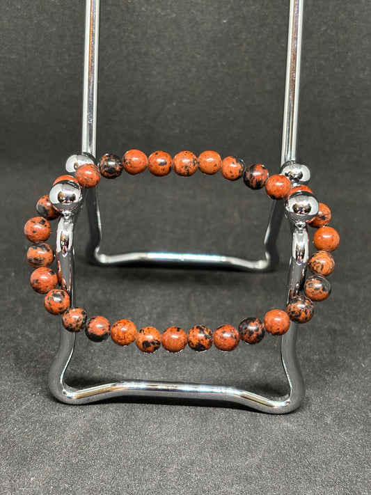 Mahogany Obsidian Bead Bracelet - 4mm Natural Red & Black Stone
