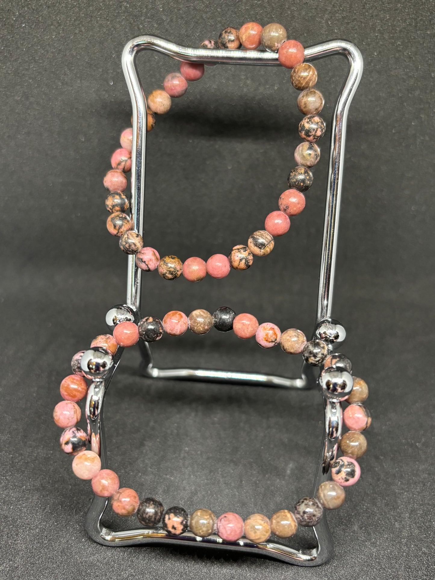Pink Rhodonite Bead Bracelet - 4mm Natural Pink & Black Stone