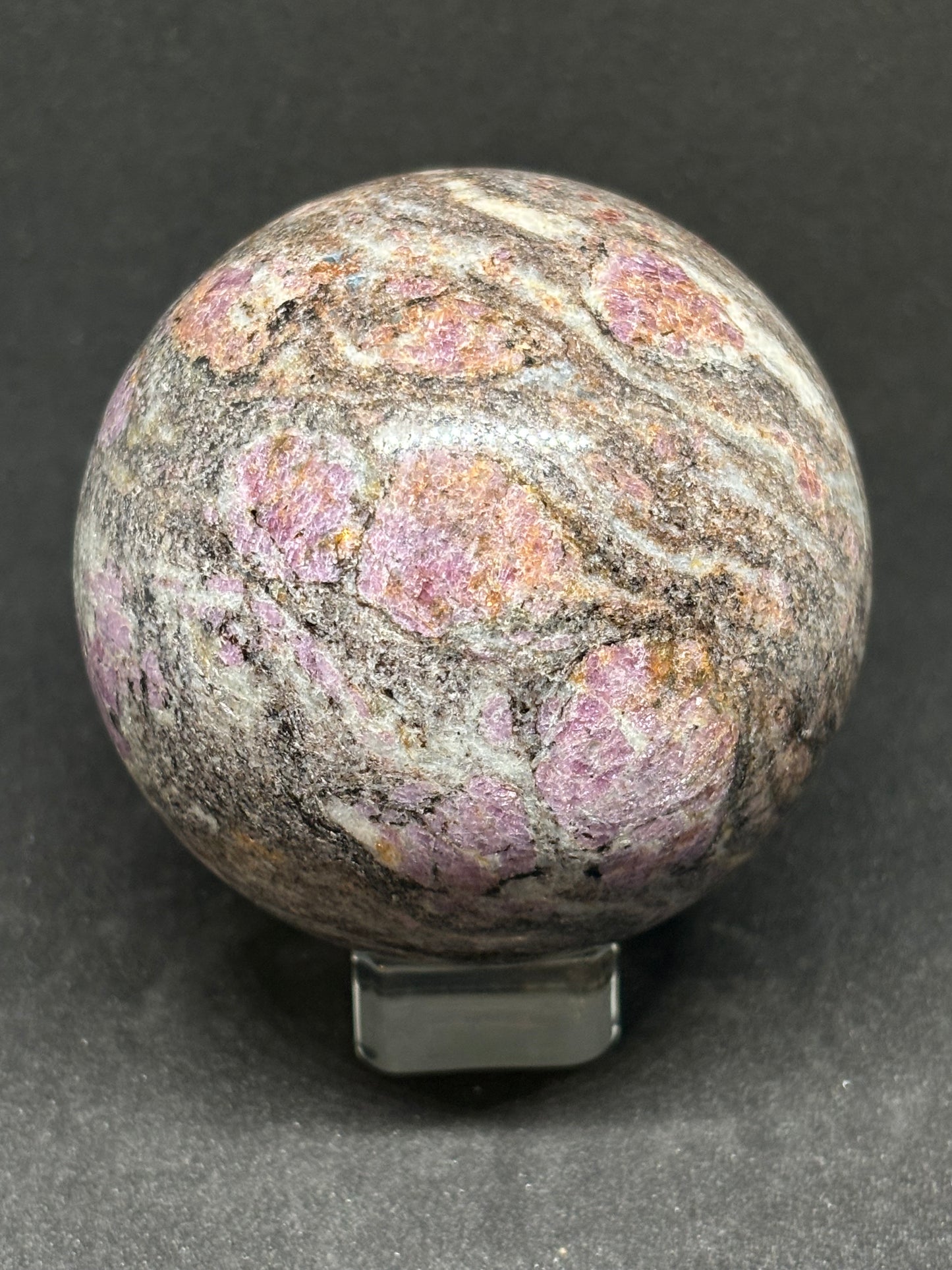 Plum Tourmaline Sphere - 10cm Hand Carved Crystal Ball 613g with Stand