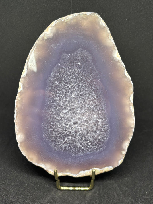 Natural Purple Agate Slice - 9cm Undyed Druzy Heart Crystal 366g with Gold Stand