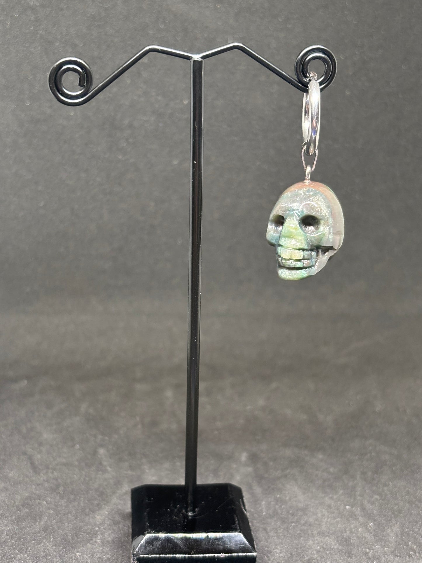 Single Hand Carved Ocean Jasper Skull Earring - 2cm Stainless Steel Hoop